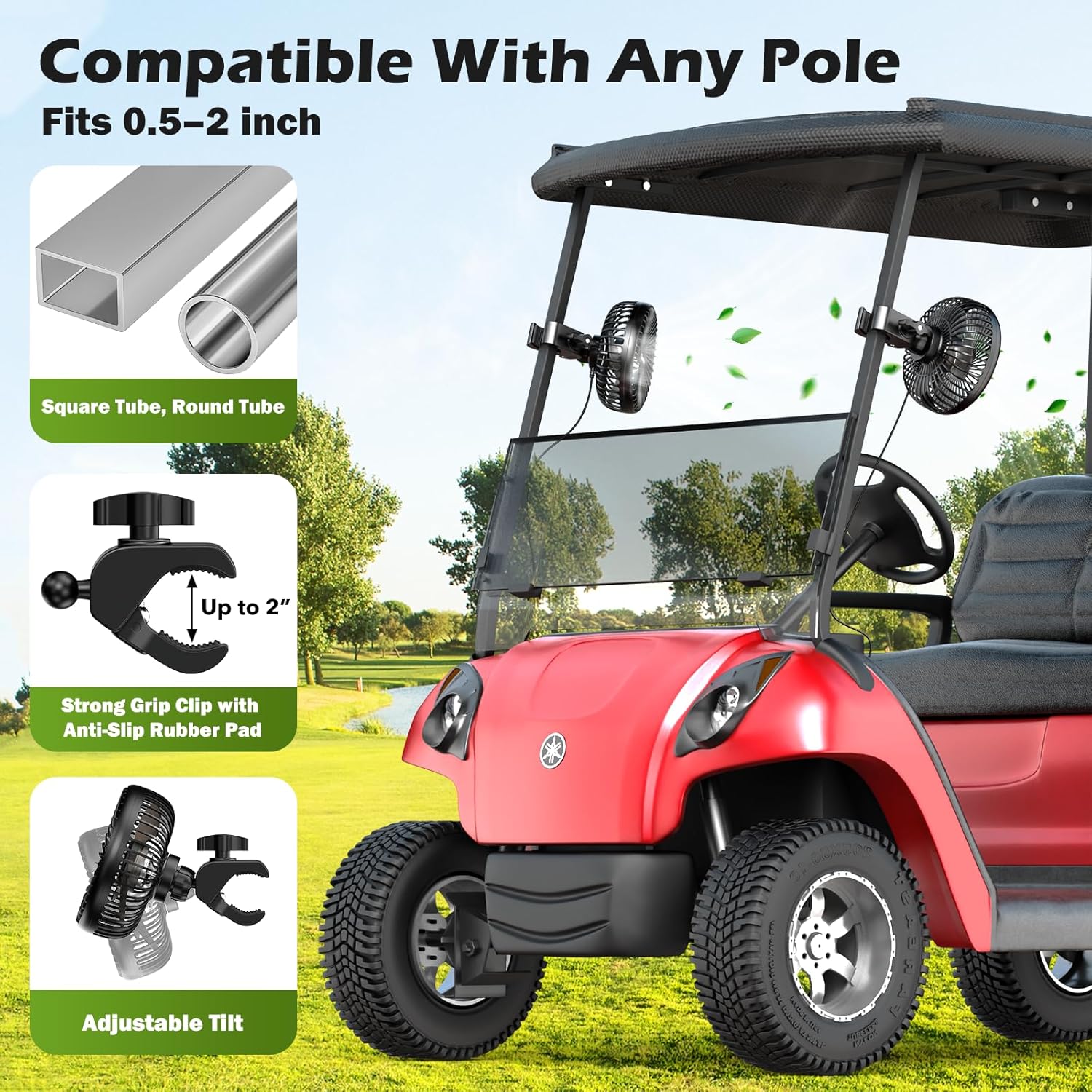 5.1'' Golf Cart Fan, Portable USB Clip Fan for EZGO, Club Car, Yamaha, 3700rpm Hi-velocity and Low Noise, 3 Speed, 360° tilt, 10sec Quick Mount, Waterproof, for Travel Camping Outdoor Car Home RV - Image 3
