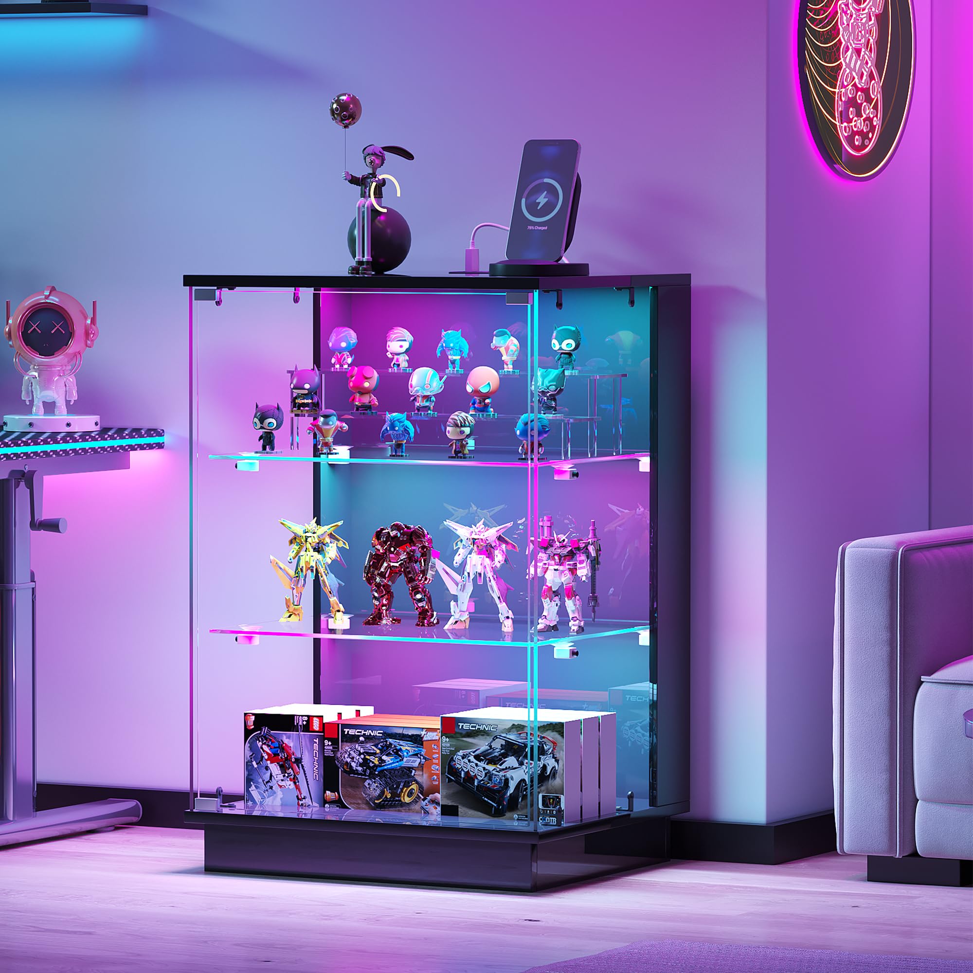 HNEBC Glass Display Cabinet with USB Charging Station&amp;LED Lights,Black