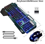 Jeu sans fil Clavier et souris,Rainbow Backlit Souris de clavier rechargeable avec 3800mAh Panneau en métal de batterie, Repos mécanique amovible de la main et 7 Mute souris de jeu couleur pour PC Joueurs