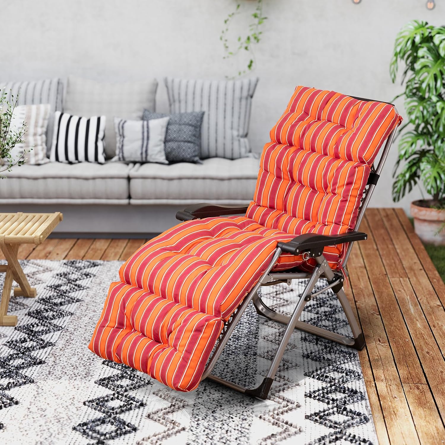 Tangkula Chaise Lounge Cushions Outdoor, 73 x 22 Inch Patio High Back Recliner Cushion with 4 String Ties, 4” Thick Padded Lounge Chair Cushion Replacement for Outdoor Indoor Furniture (1, Orange+Red)