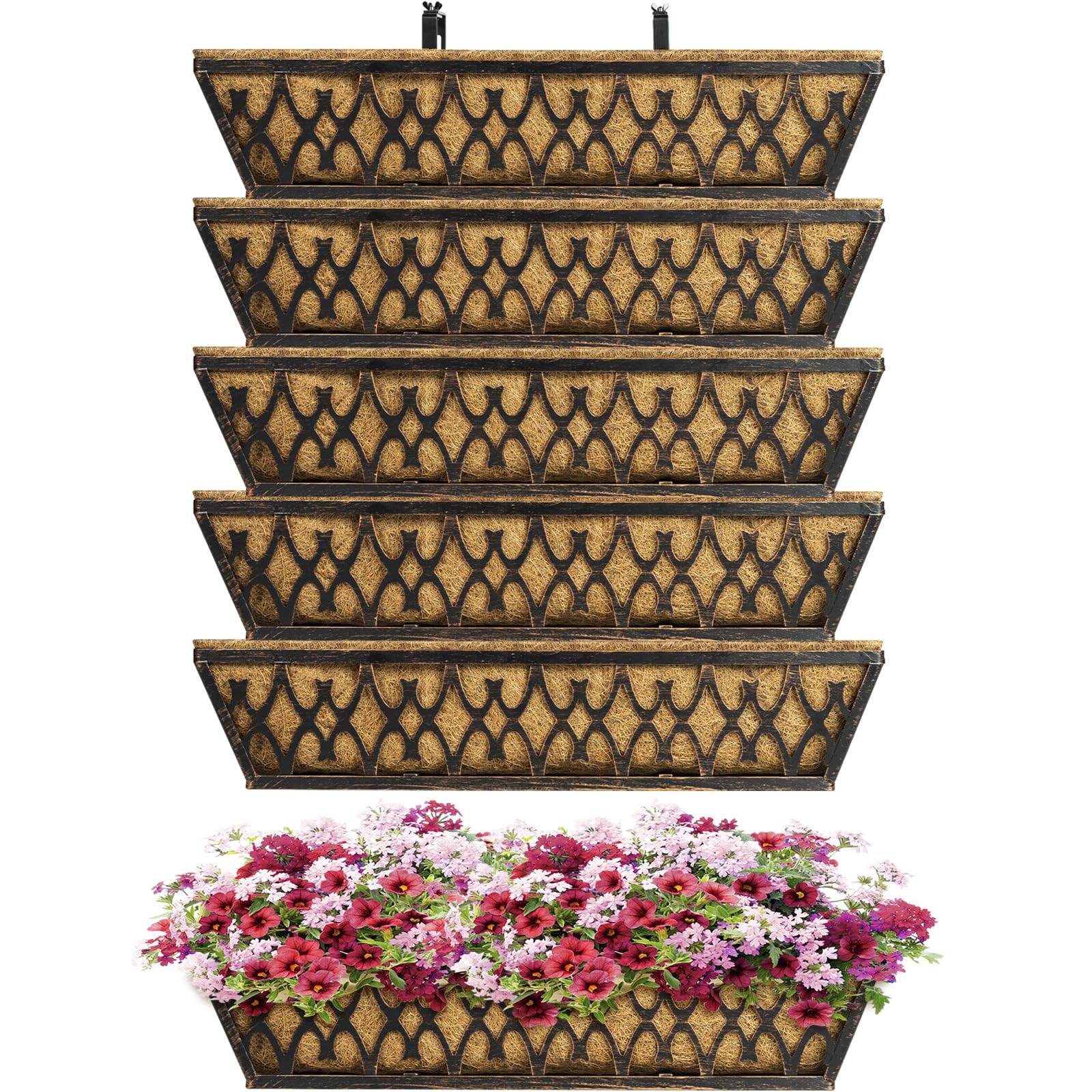 6 Pack 24 Inch Window Boxes Planters Railing Planter Box with Adjustable Brackets for Porch Fence Patio Balcony Hanging Flower Baskets with Coco Liners for Outdoor Garden Decor - Bronze
