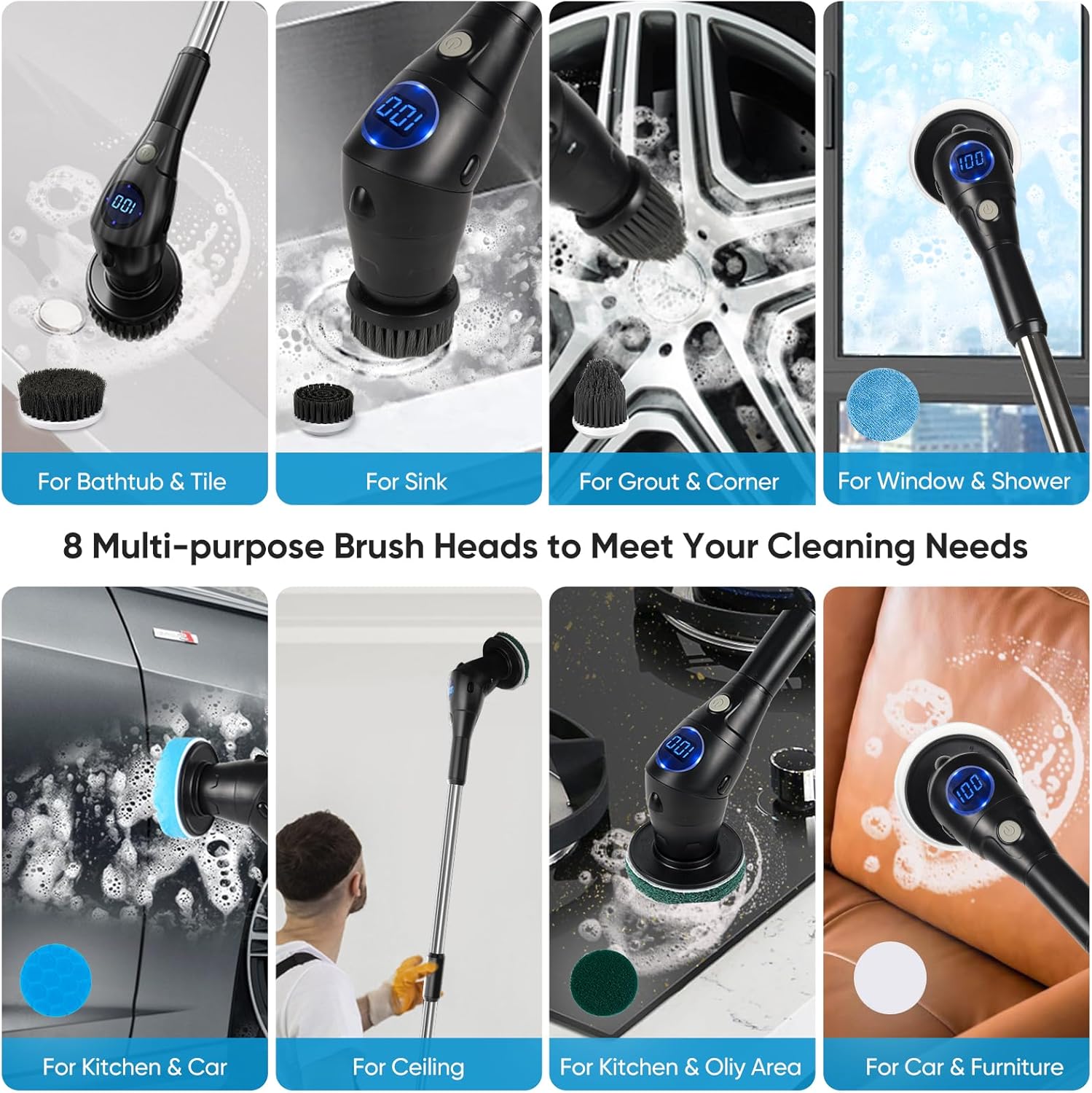 Electric Spin Scrubber, Asknoon Upgraded Power Cordless Shower Scrubber, 8 Replacement Heads, 1.5H Adjustable Bathroom Scrubber 3-Speed Up to 460 RPM with Extension Arm for Bathtub Tile Floor (Black)