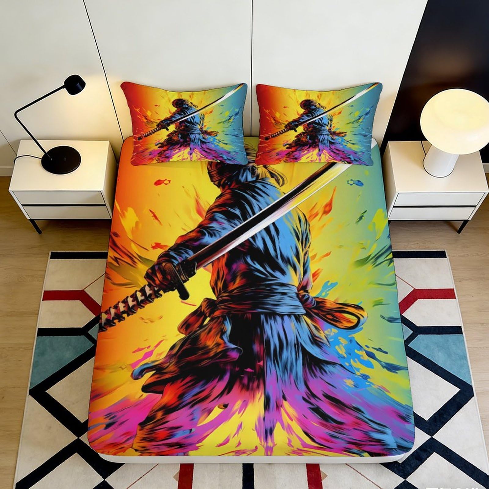 Jqzkxnhpbr Style-3 3D Printed Samurai Warrior Fitted Sheet Microfiber Vibrant Colorful Bed Cover Bedroom Decor Mattress Protector 90X200x25cm