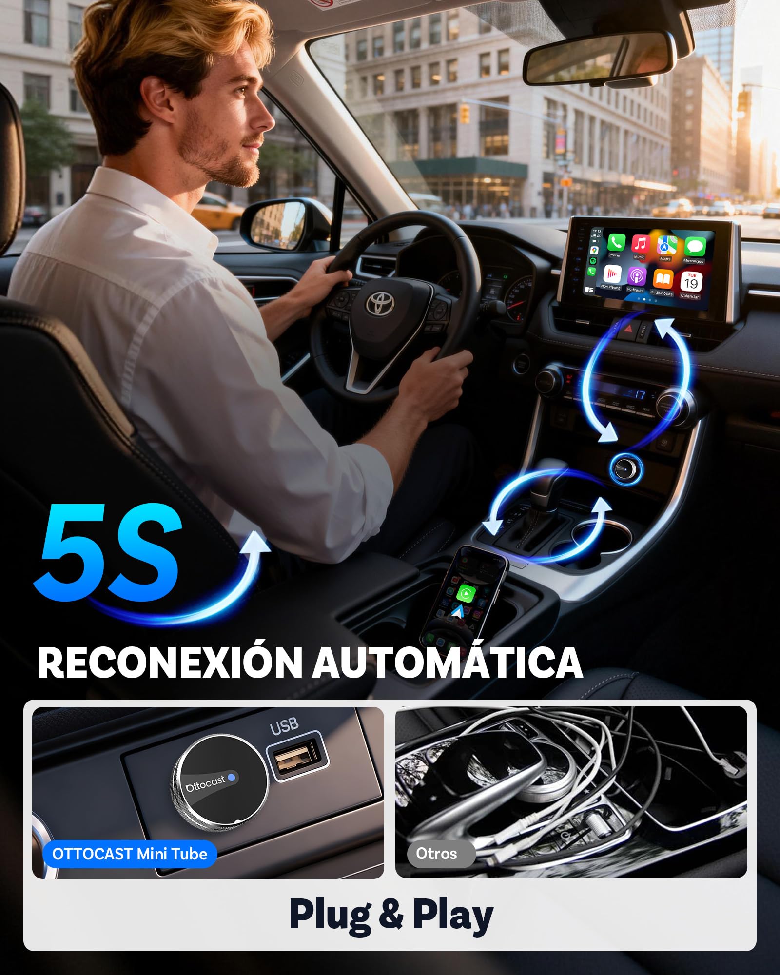 OTTOCAST Mini Tube 2026 Adaptador CarPlay Android Auto Inalámbrico para iOS 10+/Android 11+, Compatible con 99% Vehículos Desde 2016, Conexión Rápida 5-8s, USB-A/C, OTA (Excepto BMW/Tesla)