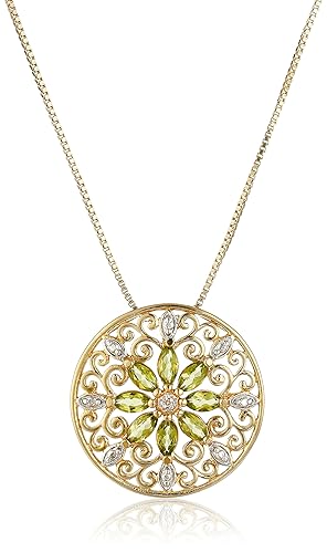 Amazon Essentials 18k Yellow Gold Plated Sterling Silver Gemstone and Diamond Accent Filigree Mandala Pendant Necklace, 18" (previously Amazon Collection) - Green Peridot