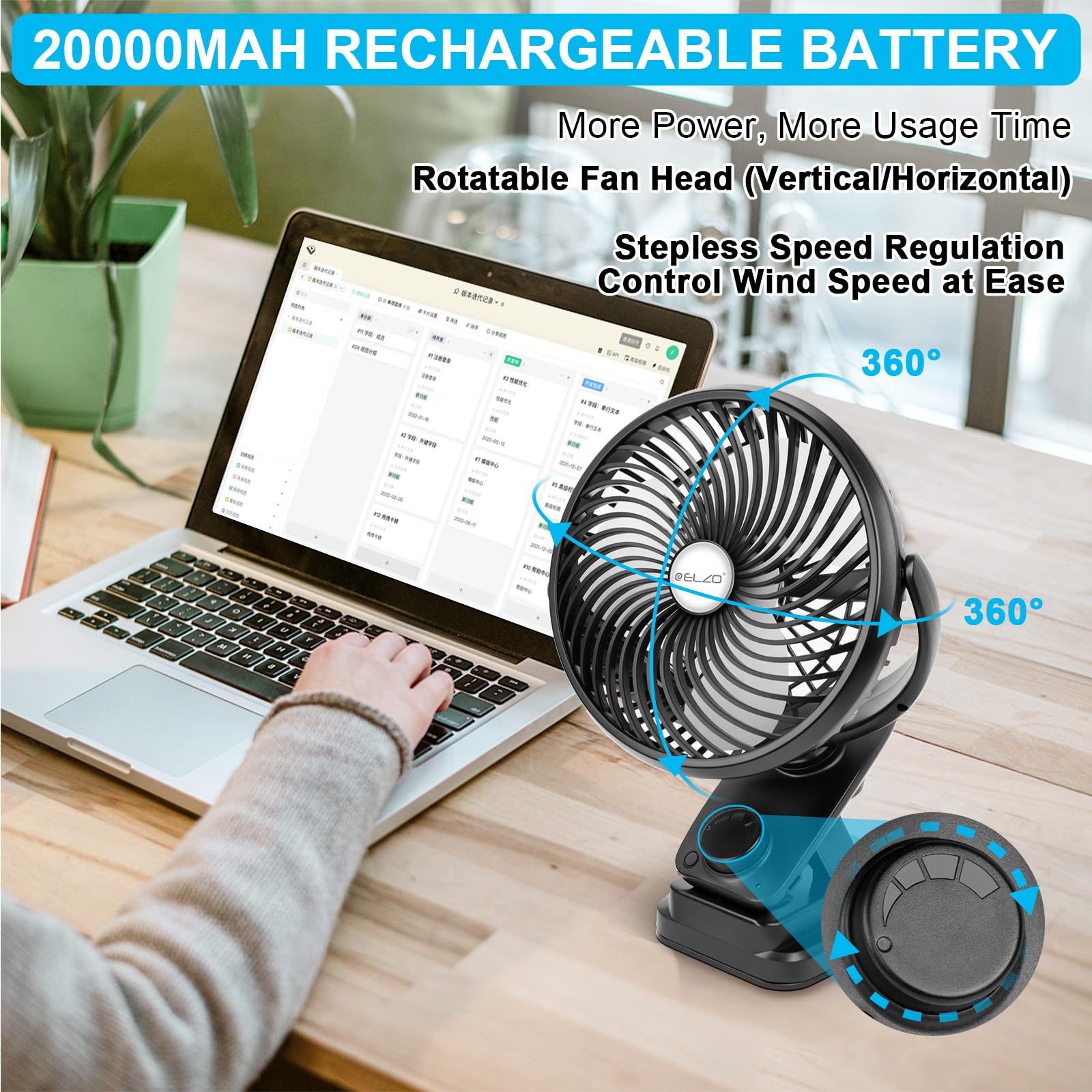 ELZO 20000mAh USB Clip Ventilator, Mini Tischventilator, LED Licht Camping Ventilator, Wiederaufladbarer Automatische Oszillierend Desktop Lüfter, Schreibtischventilator für Zuhause Büro Kinderwagen