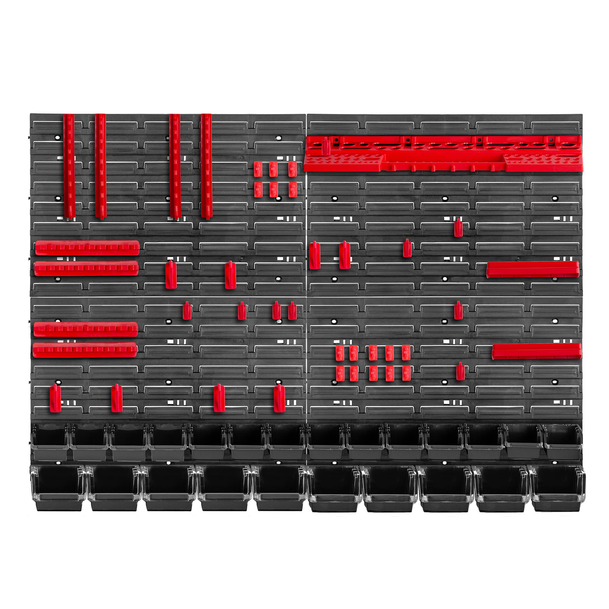 KADAX Estantería de pared para taller, 116 x 78 cm, sistema de almacenamiento de plástico resistente, resistente a los rayos UV, paneles de pared ampliables, estantería (rojo y negro, 67 piezas)