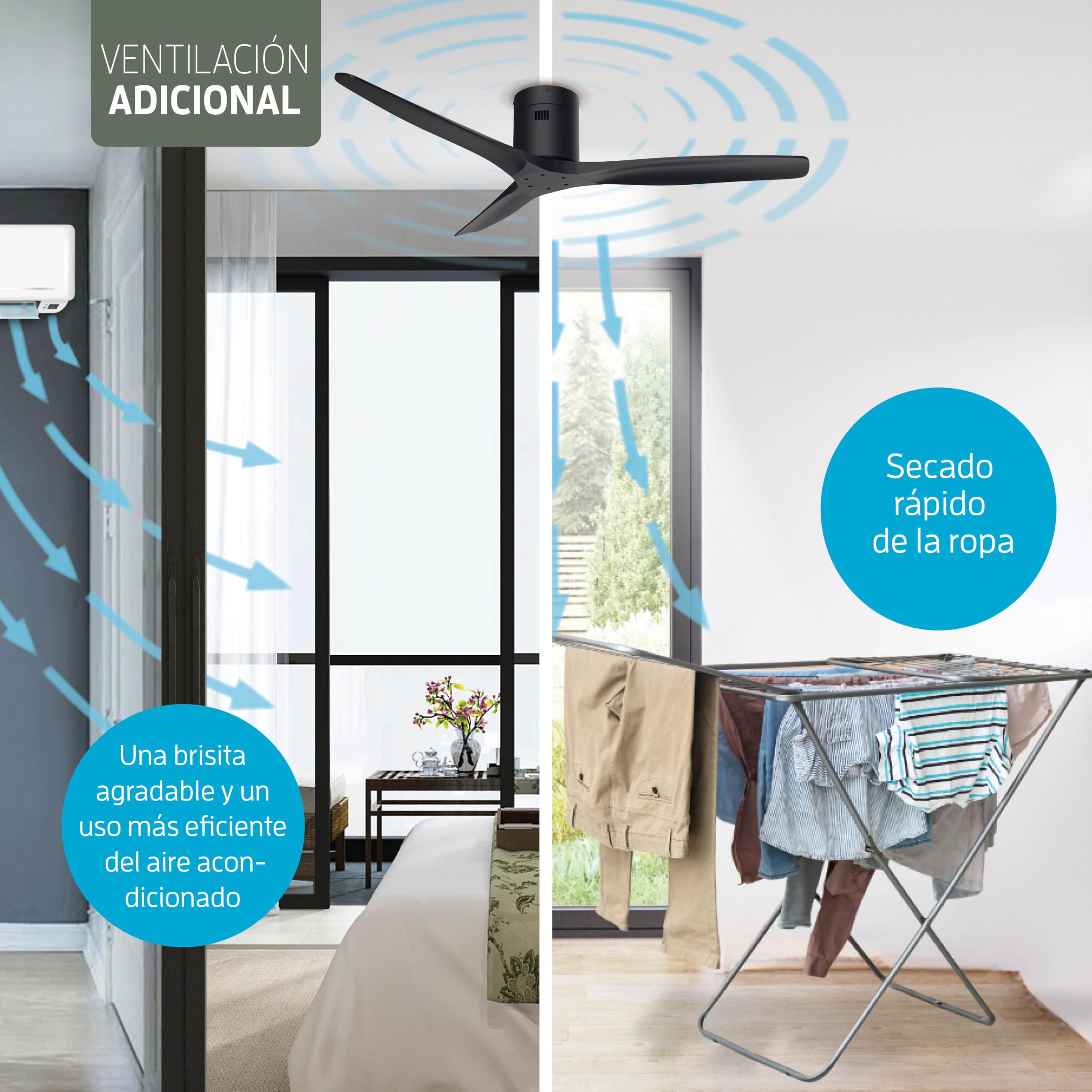 Varin® Ventilador Techo Aspas Largas, Ø 132 cm - Negro