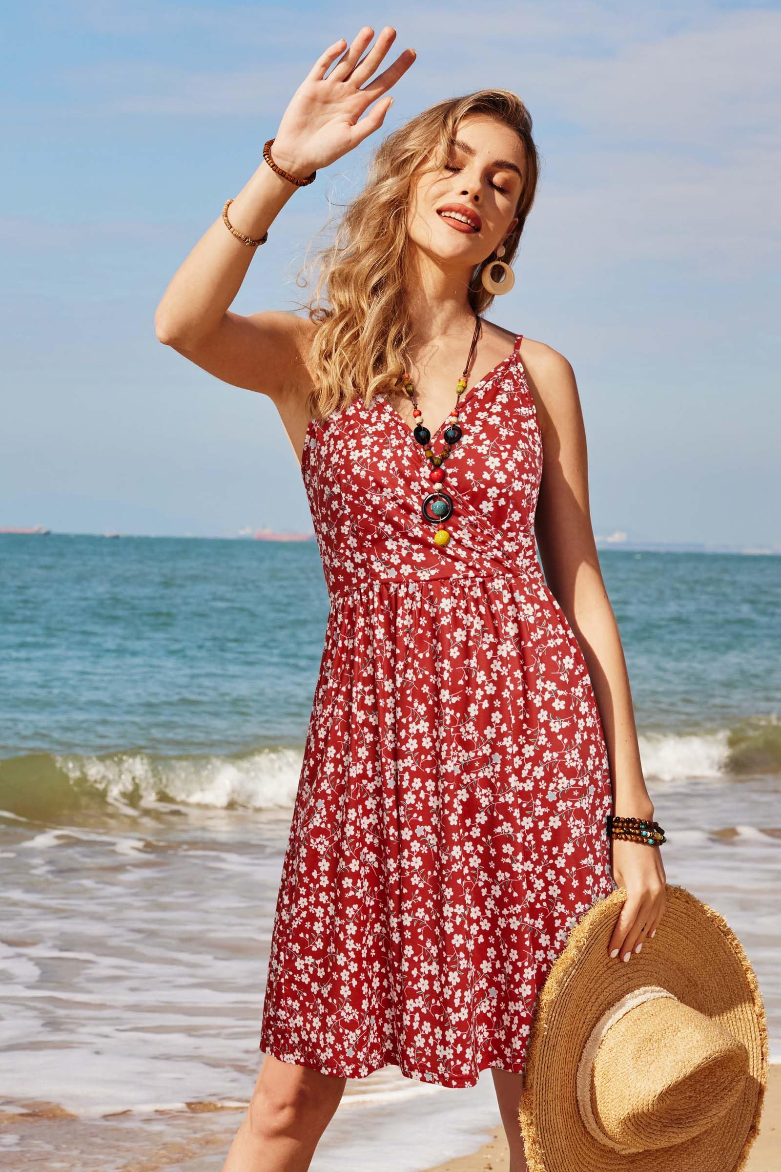 STYLEWORD Robe d'été mi-Longue sans Manches à col en V et Bretelles Spaghetti pour Femme avec Poches