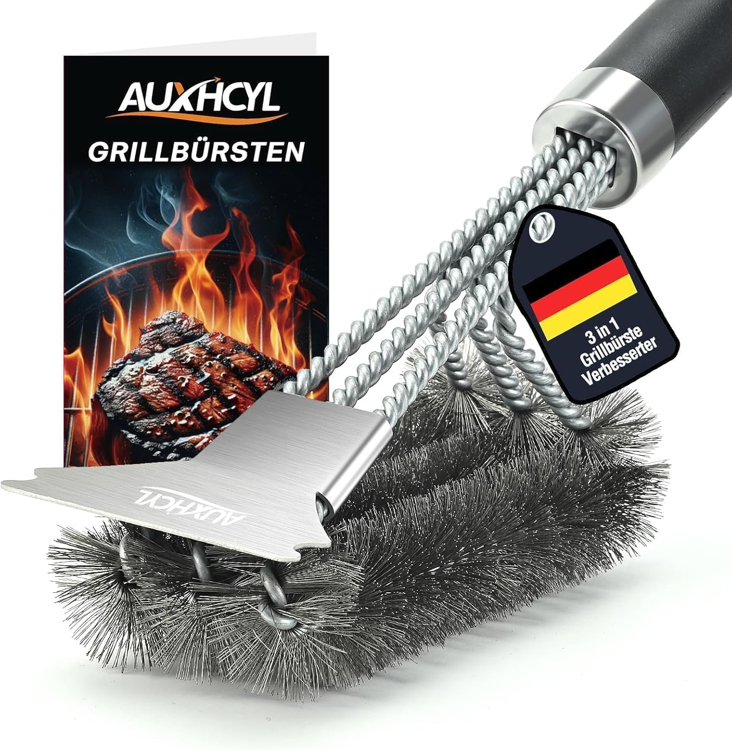 BBQ Brush, 3-in-1 Grill Brush with Scraper, Bristles and Extra long Handle BBQ Cleaning Brushes for Gas Grill, Charcoal Grills, Grills Grate
