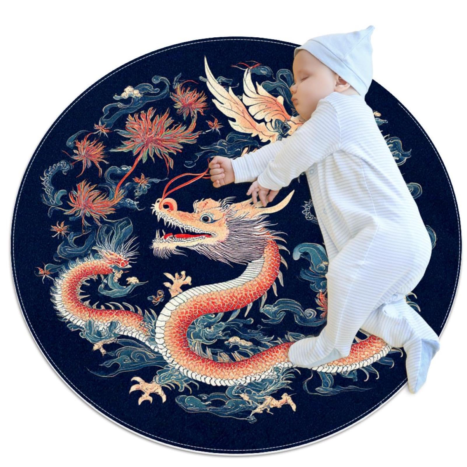 Tapis de salle de bain dragon rond 1m motif traditionnel de qualité