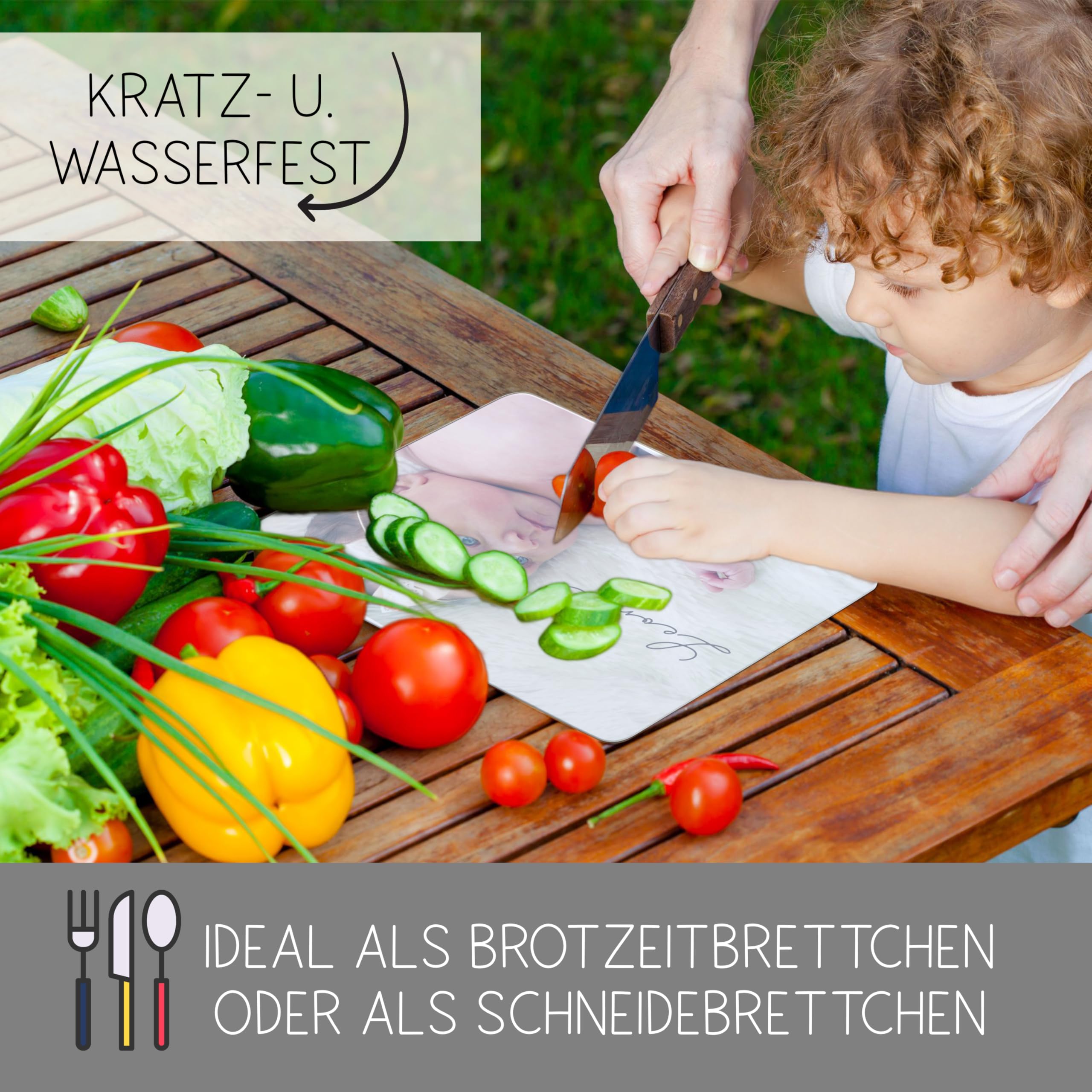 Frühstücksbrettchen mit Foto selbst gestalten , Schneidebrett aus Kunststoff mit eigenem Motiv personalisieren, Antirutsch-Noppen, 20 x 25 cm