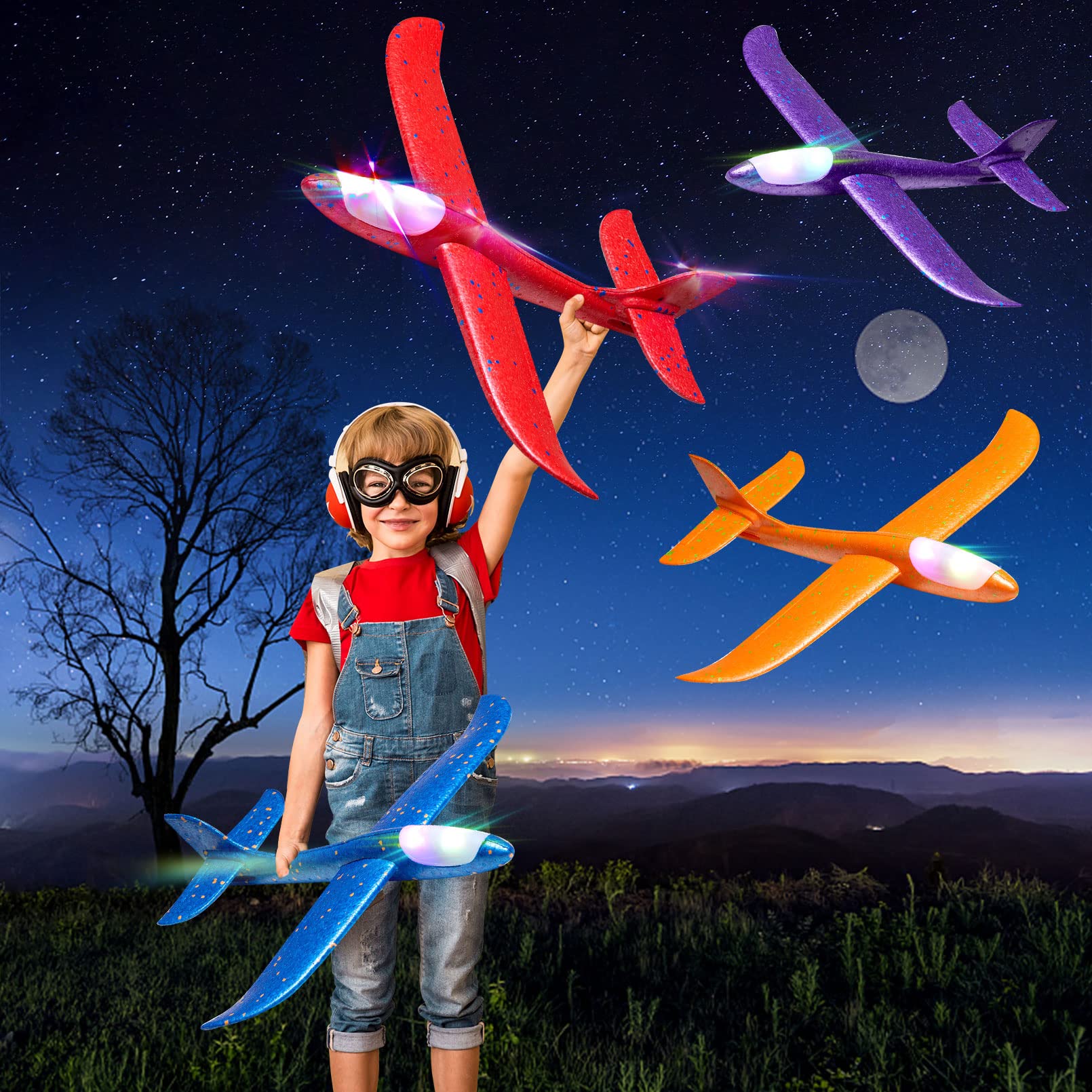 Paquete de 4 juguetes de avión con luz LED, avión de espuma grande de 17.5 pulgadas, 2 aviones planeadores de modo de vuelo, juguetes de vuelo de avión de espuma para niños, juguetes deportivos al 7