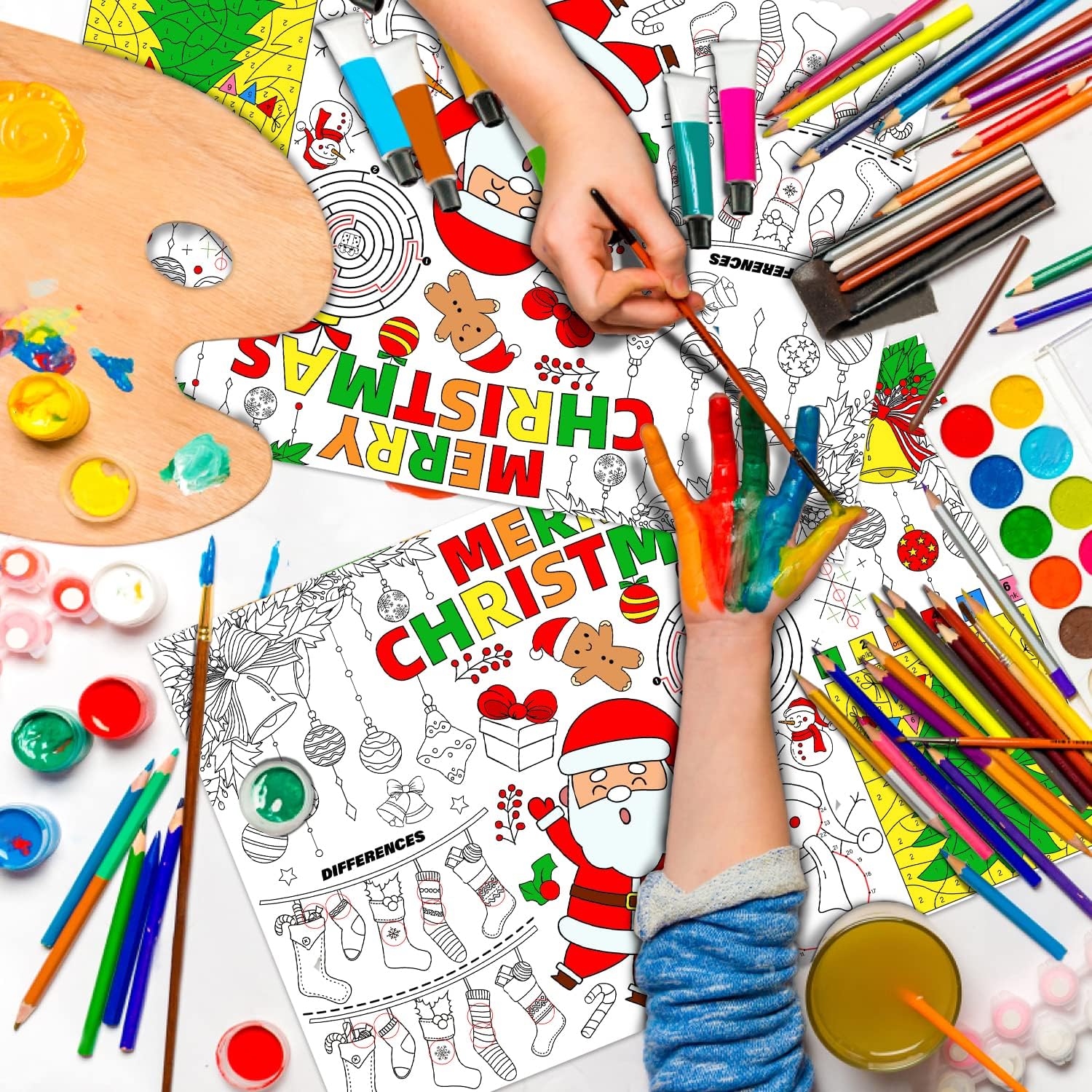 Disposable Christmas Place Mats for Kids, 12 Pack, Santa Paper Place Mat, 17”x 11” Table Mat Sheets for Merry Christmas School Party Decorations