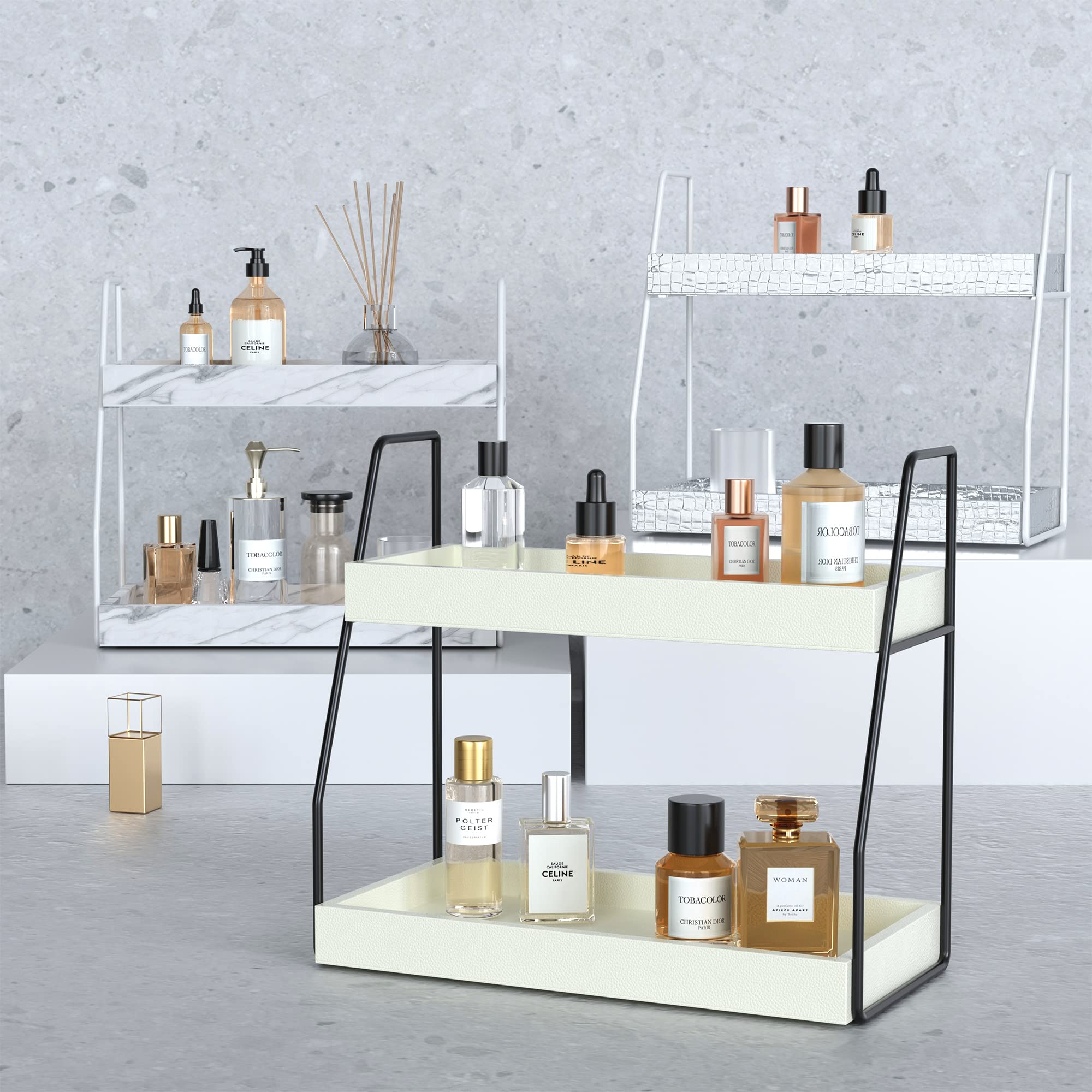 ZGO 2-Tier Bathroom Organizer Countertop, Faux Leather Bathroom Counter Organizer, Makeup Organizer for Vanity Organizers and Storage, Kitchen Storage Shelves Bathroom Trays for Counter(Vintage White)