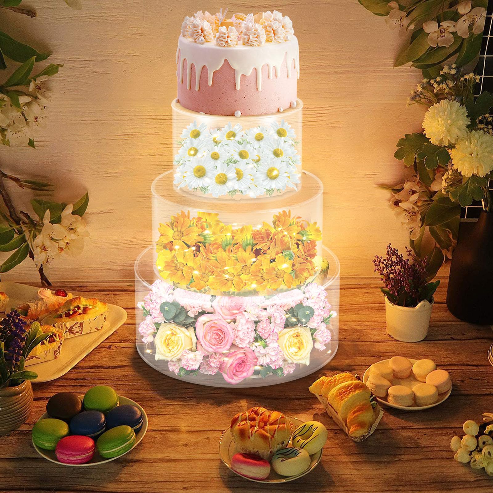 Acryl-KuchenstäNder,Zylindrischer TortenstäNder Mit Led-Lichtstreifen,WiederbefüLlbarer DessertstäNder,AusstellungsstäNder FüR Hochzeiten Party (6 + 8 + 10 Zoll)