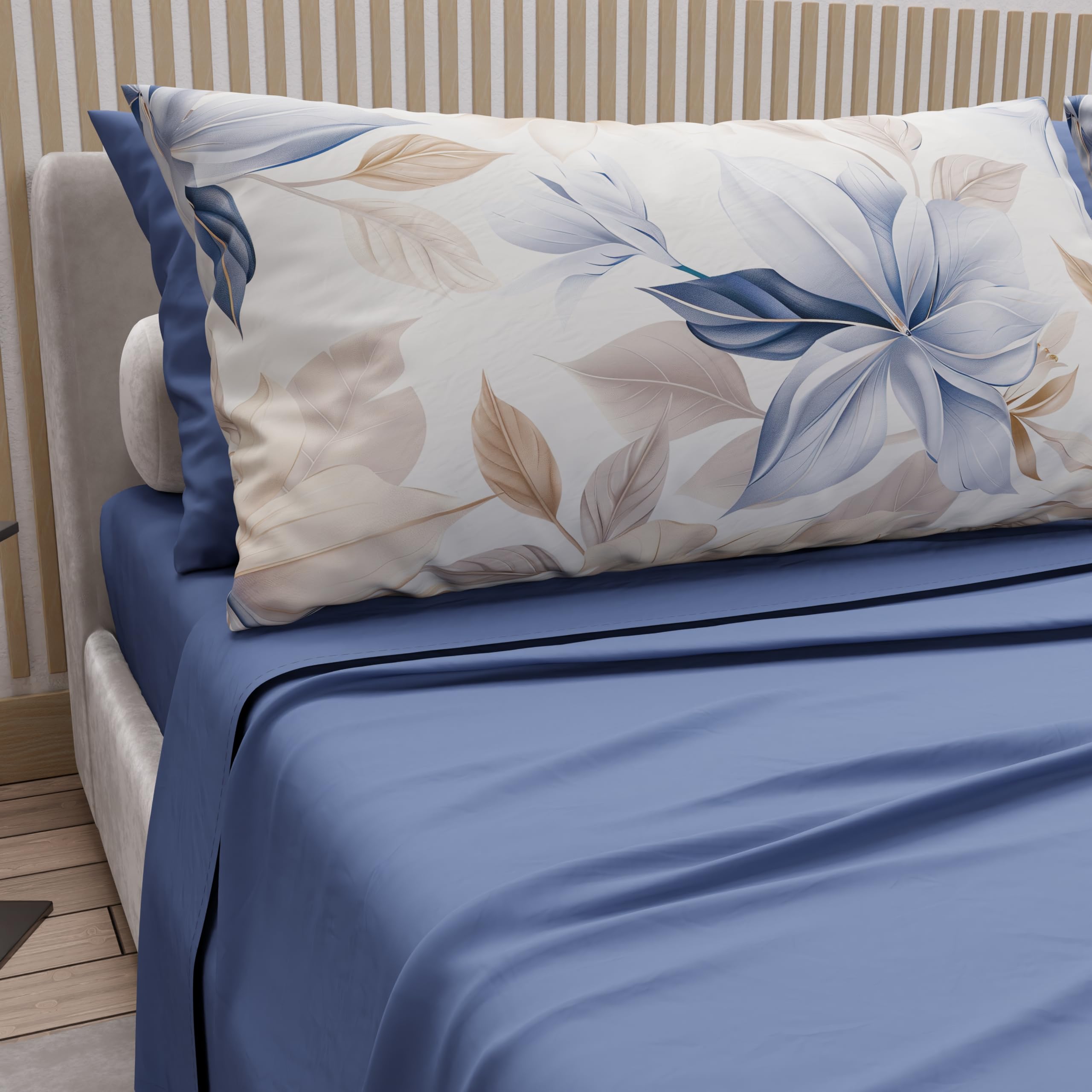 PETTI Artigiani Italiani - Parure de Draps en Coton pour Lit 1 Place et Demi Française avec Taies d'oreiller et Drap Housse 140x200, Motif Floral 164 Indigo, 100% Fabriqué en Italie