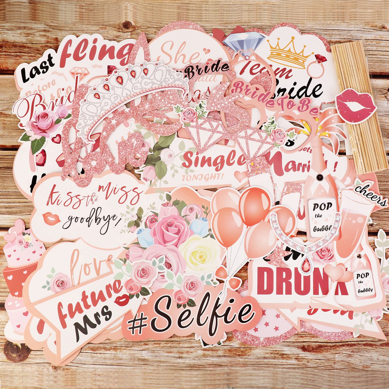 40 Accessoires Photobooth EVJF Or Rose - DIY Mariage - Lunettes, Moustaches, Signs - Pour Enterrement Vie Jeune Fille