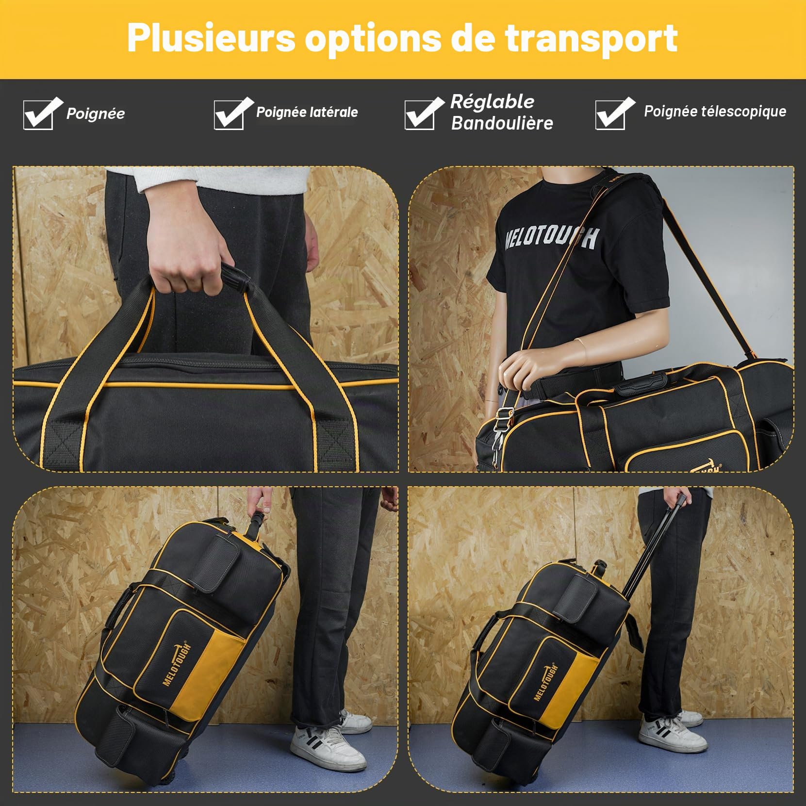 MELOTOUGH Sac à outils roulant avec roulettes, sac à outils de grande capacité avec poignée télescopique dissimulée pour électricien, construction, CVC, technicien (jaune/noir)