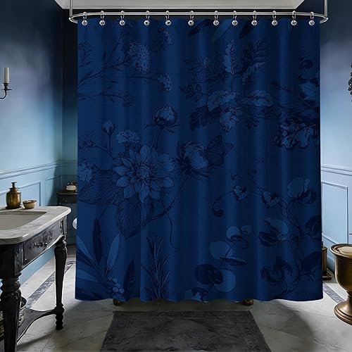 Miniatura 95 de Cortina de ducha azul marino de bosque Cortina de ducha azul oscuro de montaña y naturaleza para decoración de baño de hombres, tela impermeable con