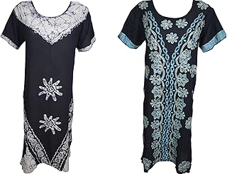 Mogul Interior 2Pc Eliza Womens Beach Caftan Dress Half Sleeves Batik Print Embroidered Loose Fit Boho Style Cover up Large
