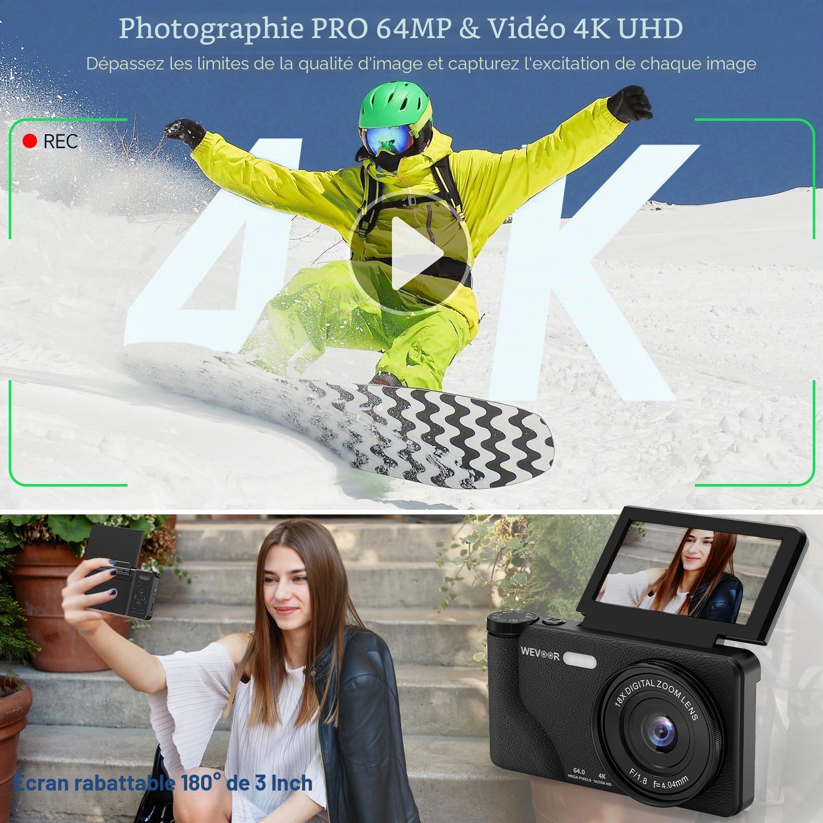 Appareil Photo Numérique 4K 64MP Wevoor Compact 32GB Écran Rabattable 180° 18x Zoom Numérique 2000mAh Batterie Noir