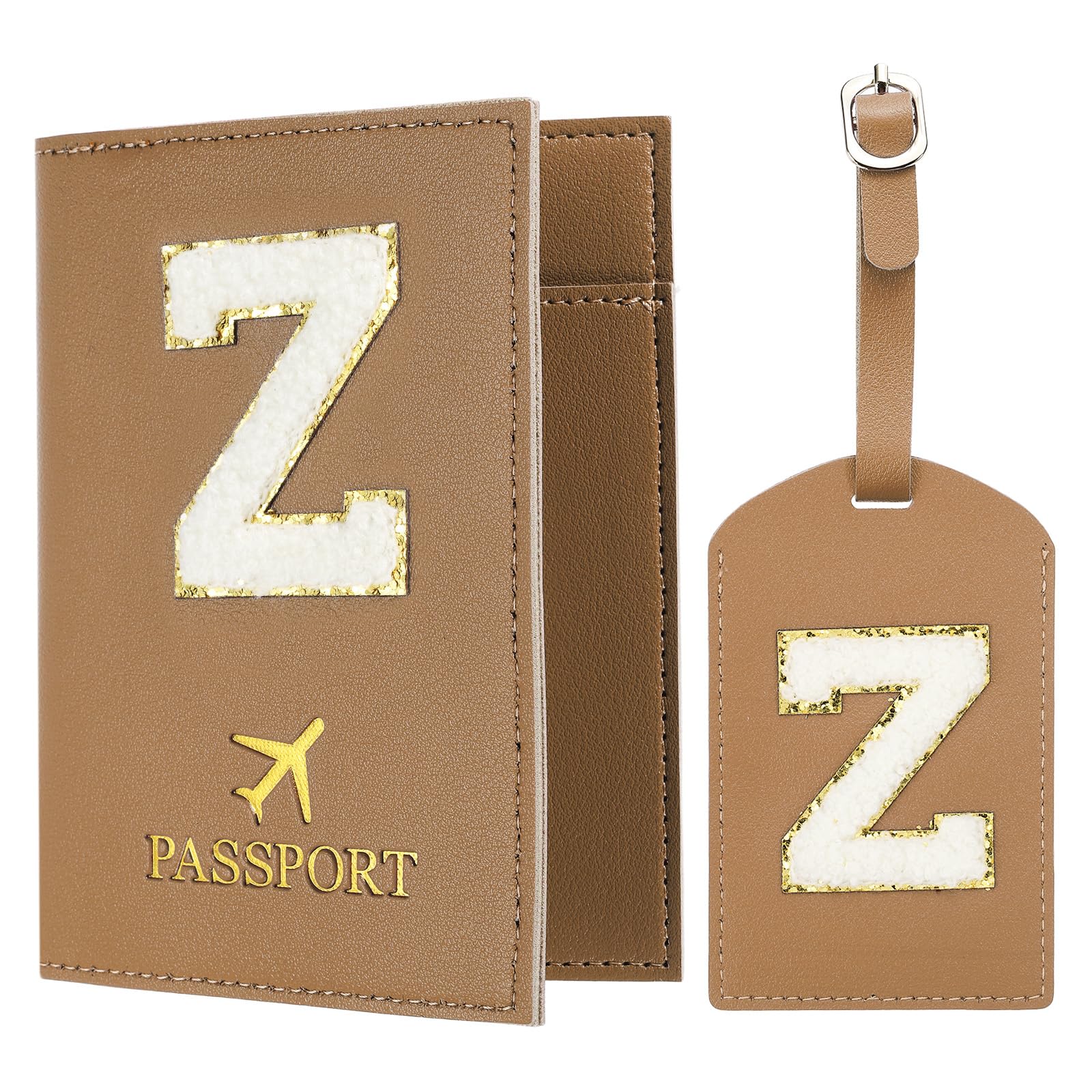 Passport Holder for Travel, Initial Passport Cover and Luggage Tag Set with Alphabet Chenille Letter Patch Travel Wallet Bag Suitcase Identifier for Women Family Travel Brown Z, Brown, Modern-image-44