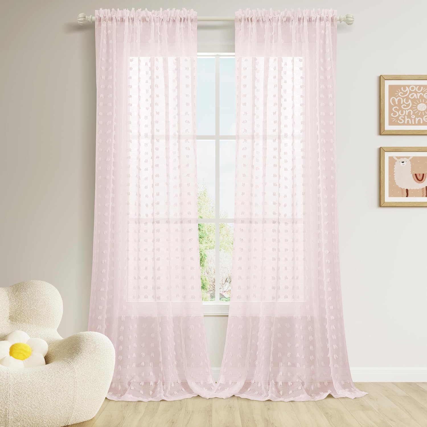 Guken Light Pink Sheer Curtains 90 Inch Length 2 Panels Sets for Girls Bedroom 52 Inch Width Farmhouse Boho Drapes Light Filtering Pom Pom Curtains Tufted Semi Sheer Rod Pocket,W52xL90