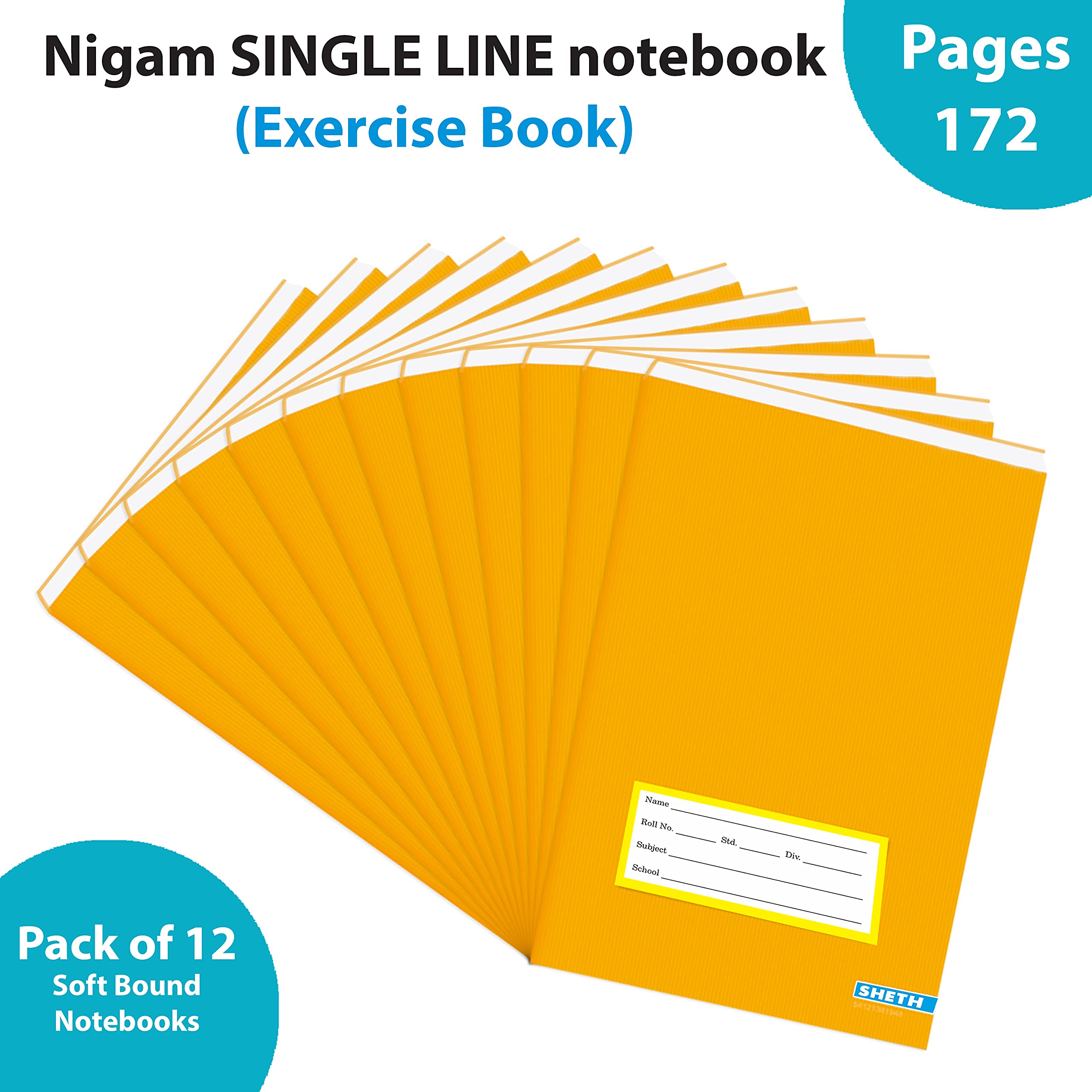 Shethbooks Nigam Single Line Long Note Book 172 Pages Soft Bound 16.5 X 27 Cm(Set Of 12)|58 Gsm Paper|Exercise Book|Saddle Stitch Binding|Center Stapled Binding|Brown Cover|School Notebook|Dozen Packing [Paperback] Sheth
