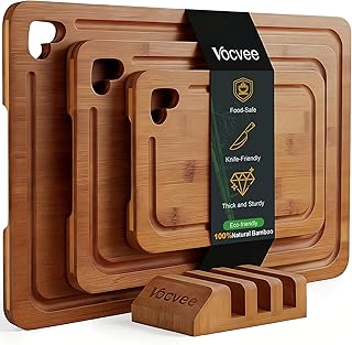 Bamboo Cutting Boards for Kitchen(Set of 3), Wood Cutting Board with Wood Storage Stand, Charcuterie & Chopping Board for Vegetables and Meat, with Deep Juice Groove, Ideal Kitchen Gifts