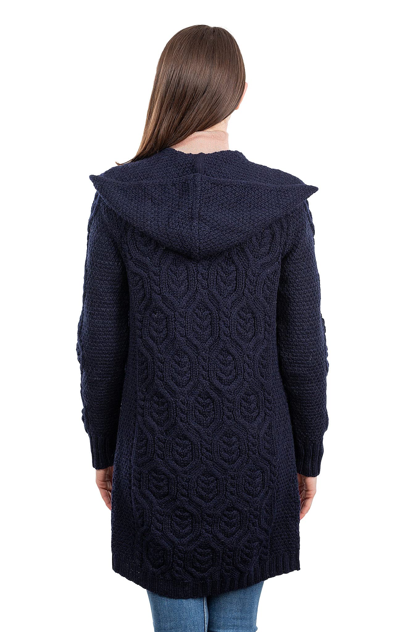 SAOL Klassische Passform Lange Strickjacke mit Kapuze aus 100% Merinowolle für Damen