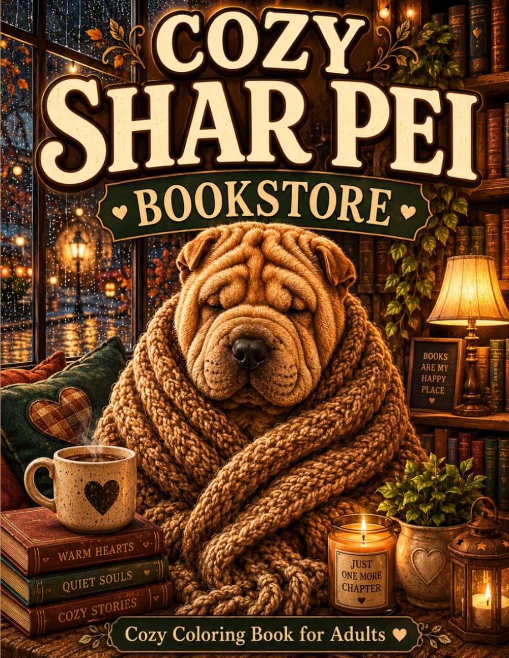 Cozy Shar Pei Bookstore: A Bold & Easy Cozy Coloring Book for Adults Featuring Rainy Bookshop Scenes, Cute Dogs, Hygge Vibes & Relaxing Stress Relief Pages (Cozy Shar Pei Coloring Book Series)