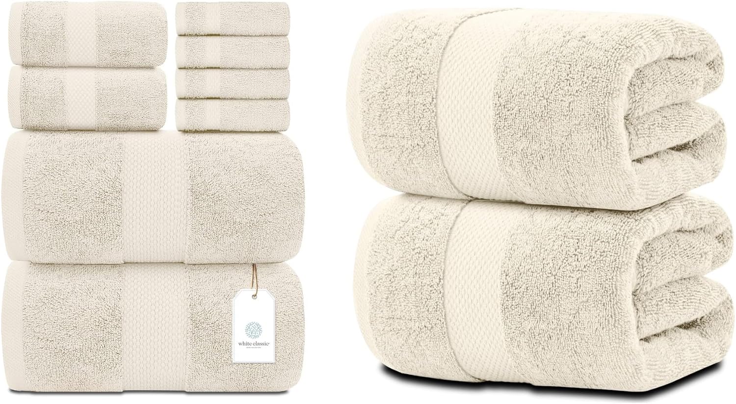 White Classic Luxury Ivory 8 Piece Towel Set [2 Bath Towels, 2 Hand Towels, 4 Washcloths] and 2 Luxury Ivory Bath Sheets 35 x 70 | Cotton, Highly Absorbent and Quick Dry for Hotels, Spa and Bathroom