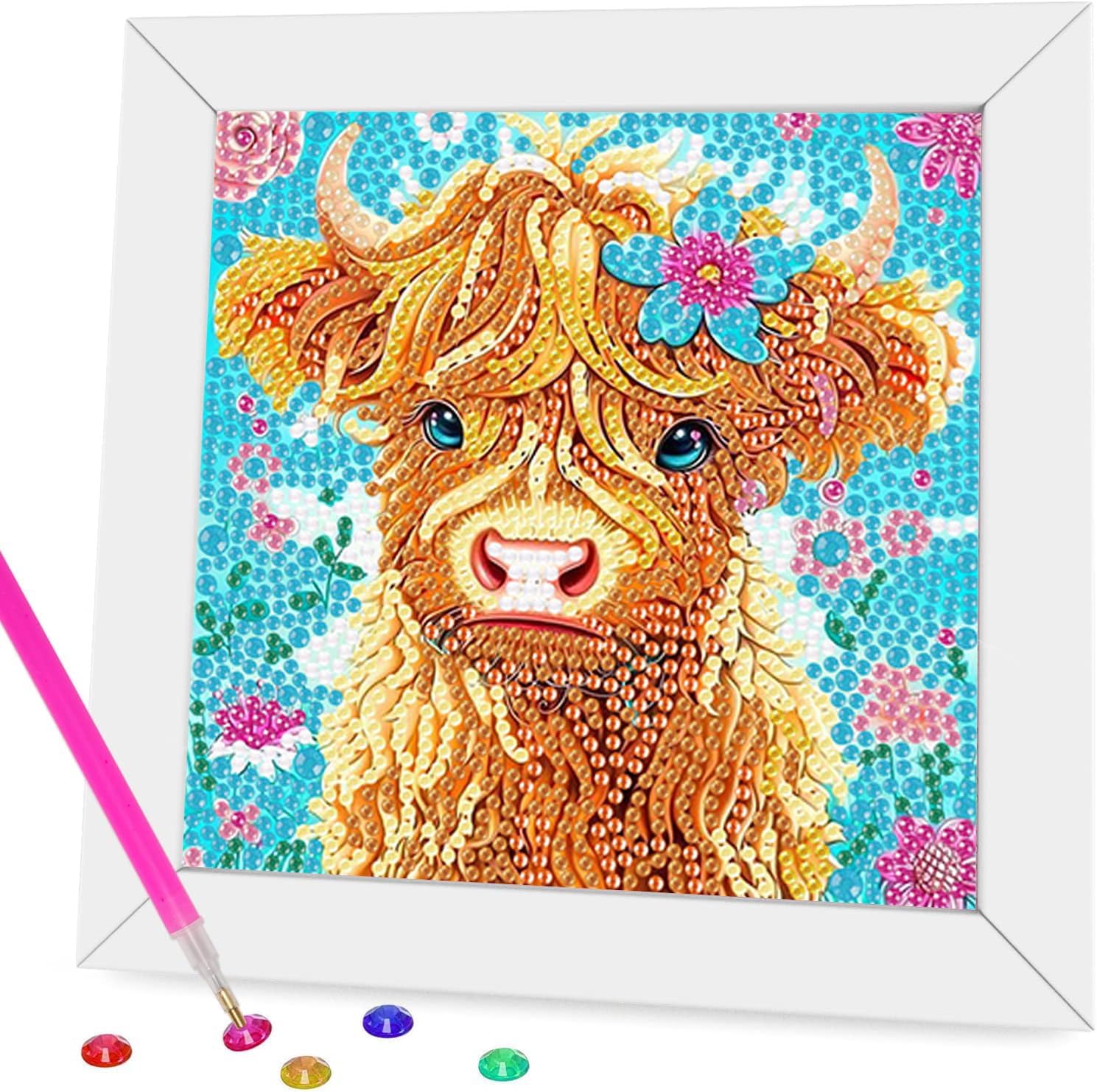 Meothan 5D Diamond Art Kits for Kids, DIY Easy Cute Cow Baby Diamond Painting Kits for Kids, Full Drill Big Gem Art by Number Dots for Childrens Ages 6-7-8-9-10-12, Home Decor 7x7 in (with Frame) Cow with Frame-A 7x7in(18x18cm)