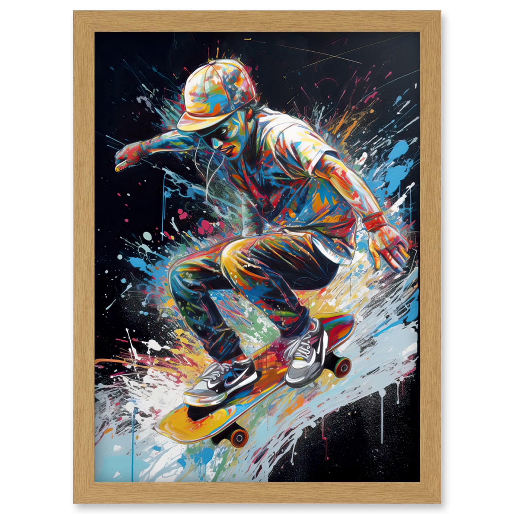 Artery8 Skateboarder Skating Multicoloured Splat Paint Artwork Framed Wall Art Print A4