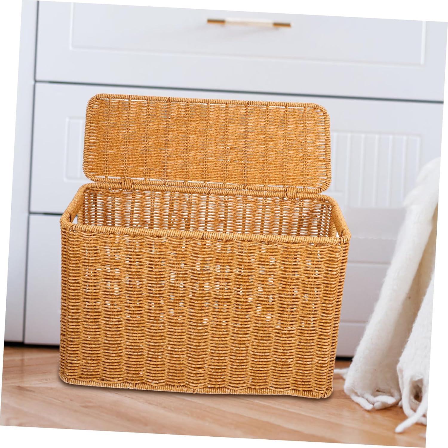 Luxshiny Woven Lid Crimp Storage Box Narrow Basket for Magazines Toys Container Home Organizer