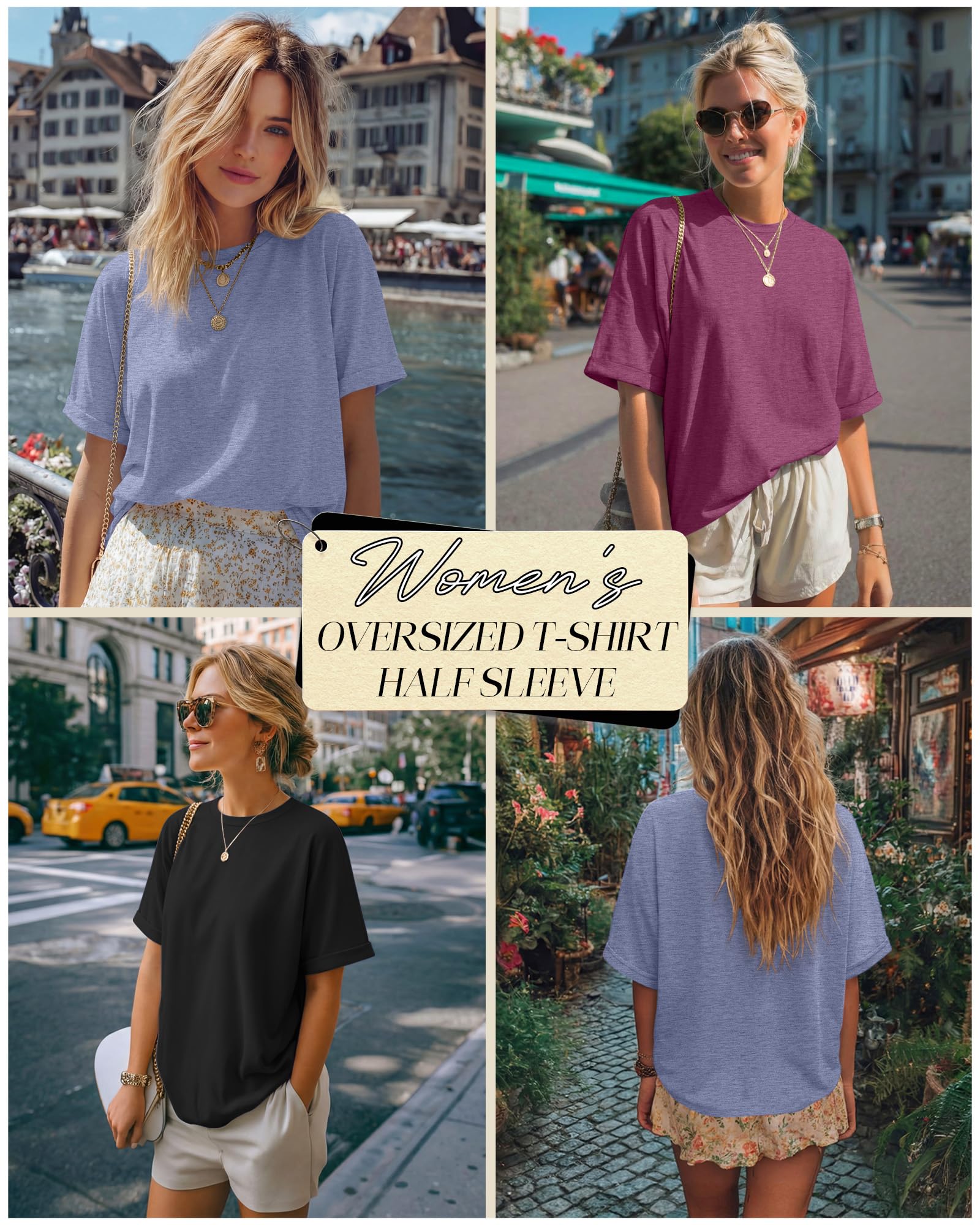Riyiper Lot de 3 T-Shirts Oversize pour Femme, Manches Courtes, Coupe Ample, Col Rond, Basiques, Parfaits pour l'Été.