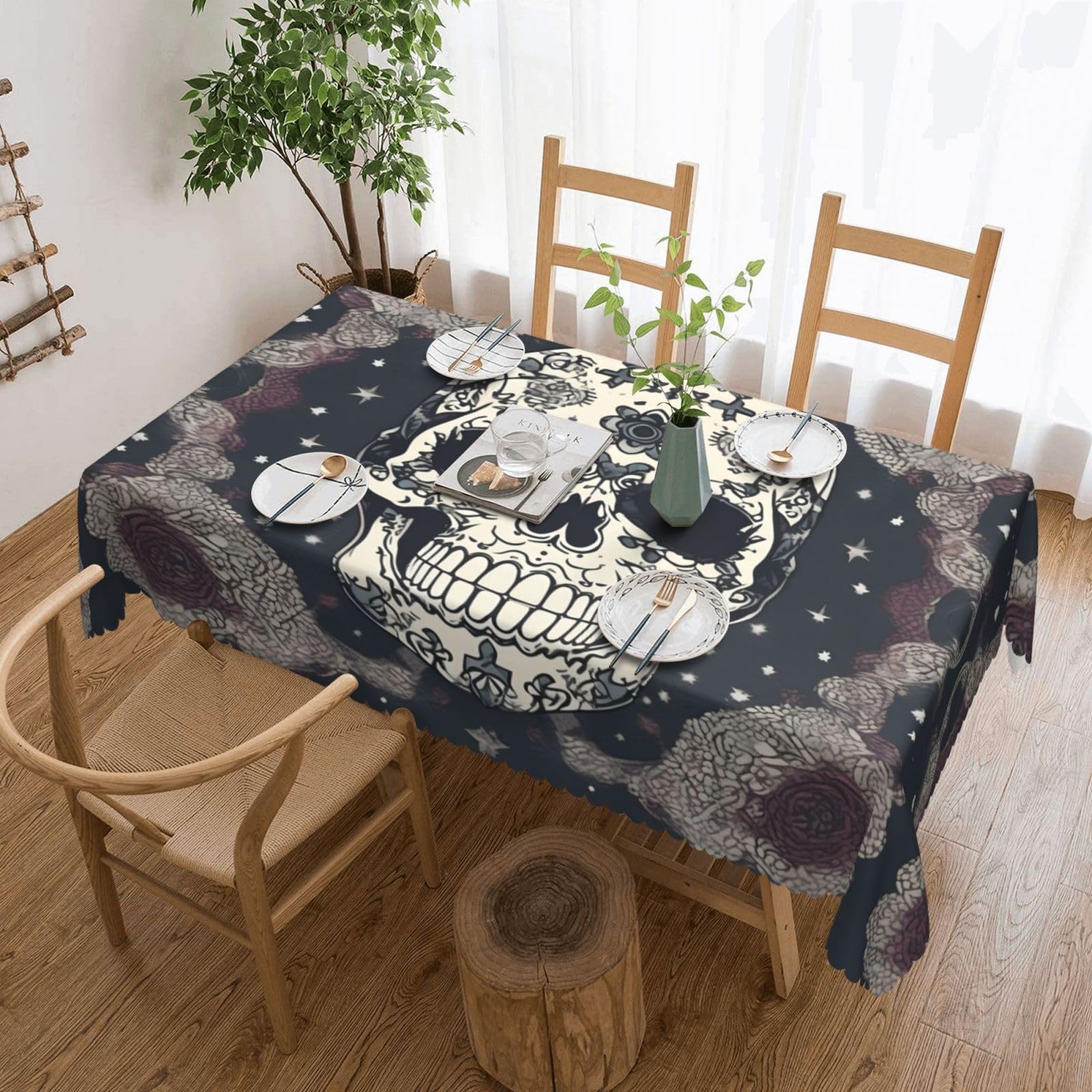 HLBSDM Skull Yoga and Flower Print Rectangle Washable Tablecloth Decorative Table Cover for Dining Table Buffet Parties