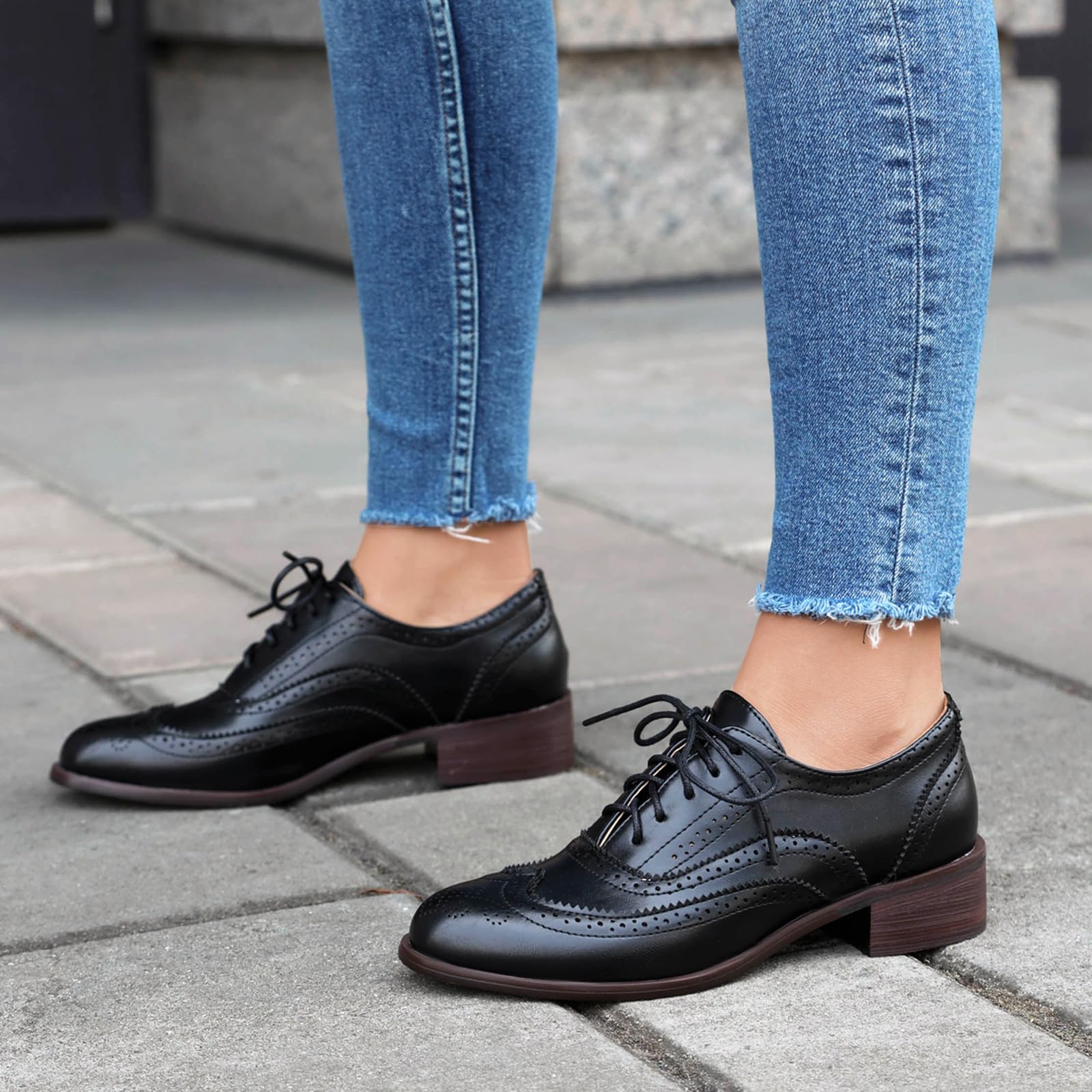 Lizoleor Chaussures brogue à lacets pour femme de style britannique classique