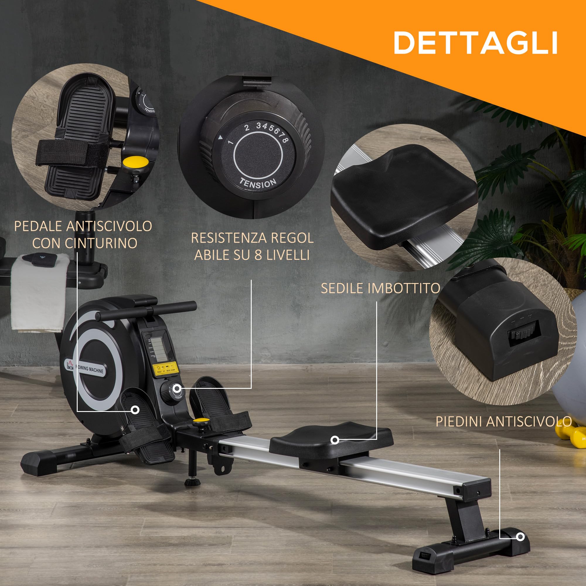 HOMCOM Máquina de Remo Plegable Remo para Casa con 8 Niveles de Resistencia Magnética Volante de 4kg Monitor LCD Silencioso Carga 120kg para Fitness Entrenamiento Hogar 185x58x57 cm Negro y Plata
