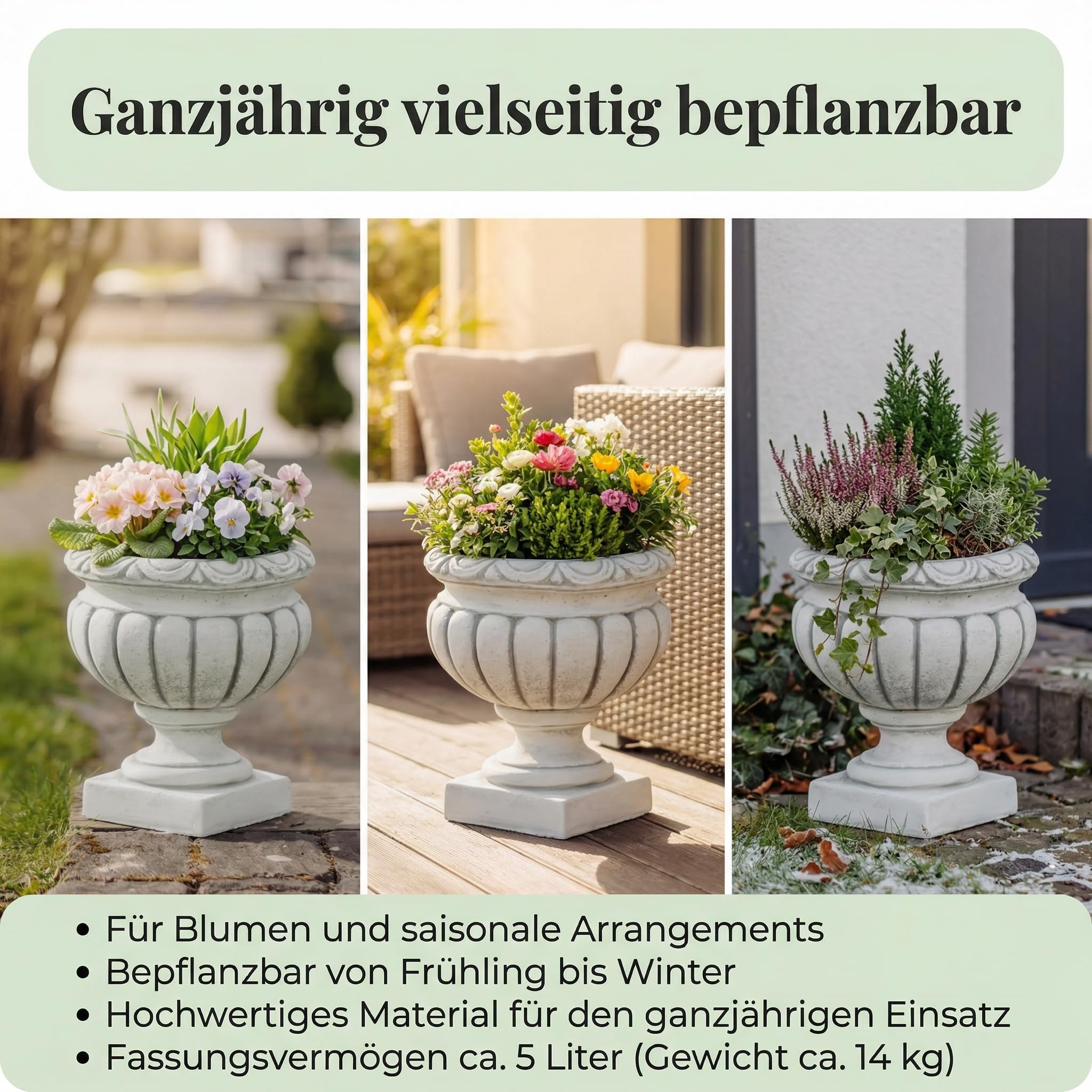 gartendekoparadies.de Klassische Pflanzvase, Pflanzgefäß für Garten & Terrasse, Ø 30 cm, H 32 cm, Grau, 5 L, 14 kg, Weißbeton/Steinguss, frostsicher bis -30 °C