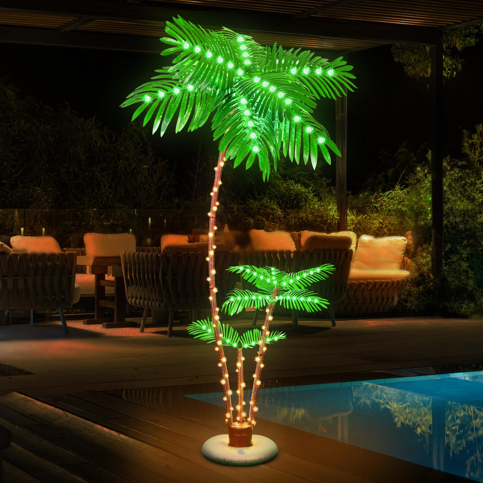 PINPON 7FT Plug-in Lighted Palm Tree 3 Trunks 8 Modes IP65 Indoor Outdoor