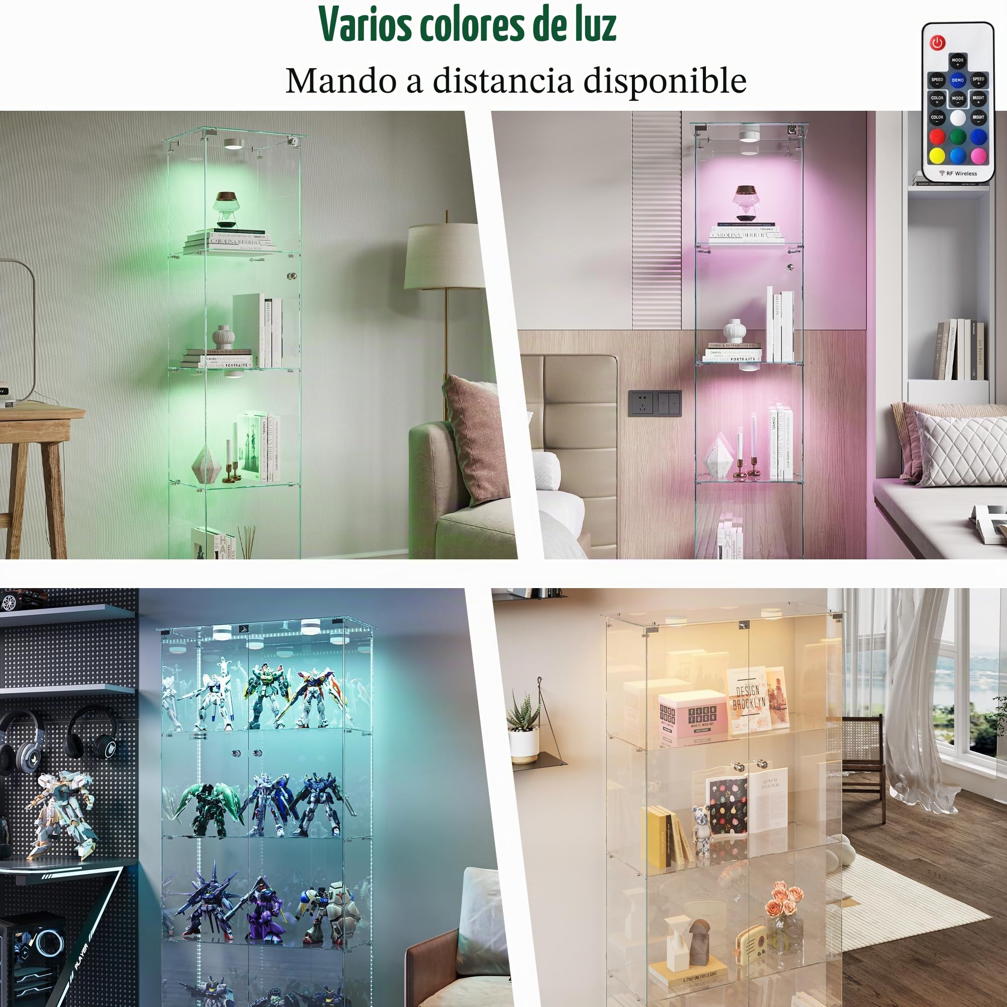 Vitrina de Cristal de 163 x 40 x 35 cm con 4 estantes 1 Puertas, Vitrina de pie con LED, Armario de colección Moderno para salón, Dormitorio, Oficina, Blanco y Puerta Individual + Luces de Pat