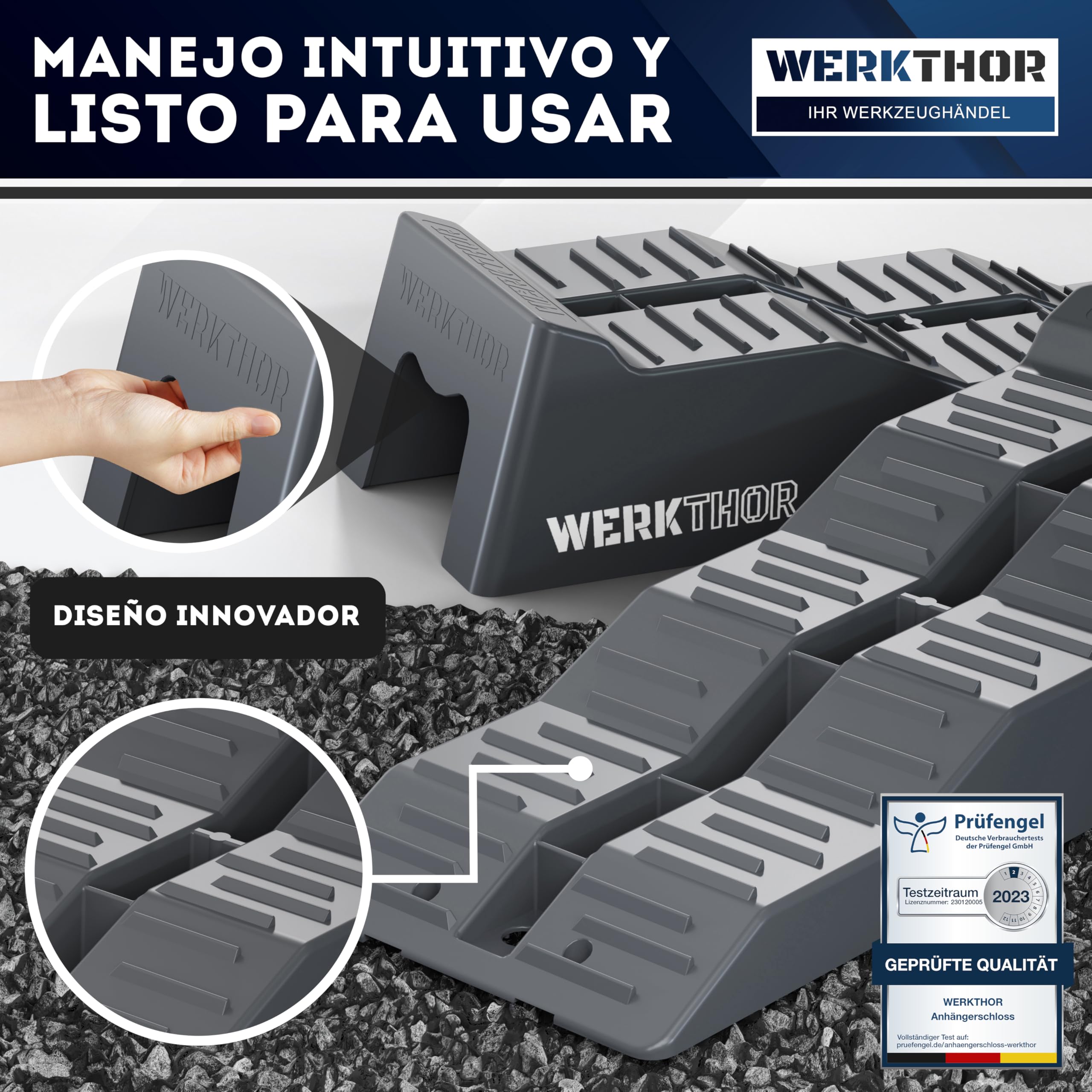 Cuñas para autocaravanas WERKTHOR (grises) - [Juego de 2] Cuñas estables para caravanas y autocaravanas | Cuñas para una nivelación segura [<5t] - Para cualquier superficie - Bolsa incluida