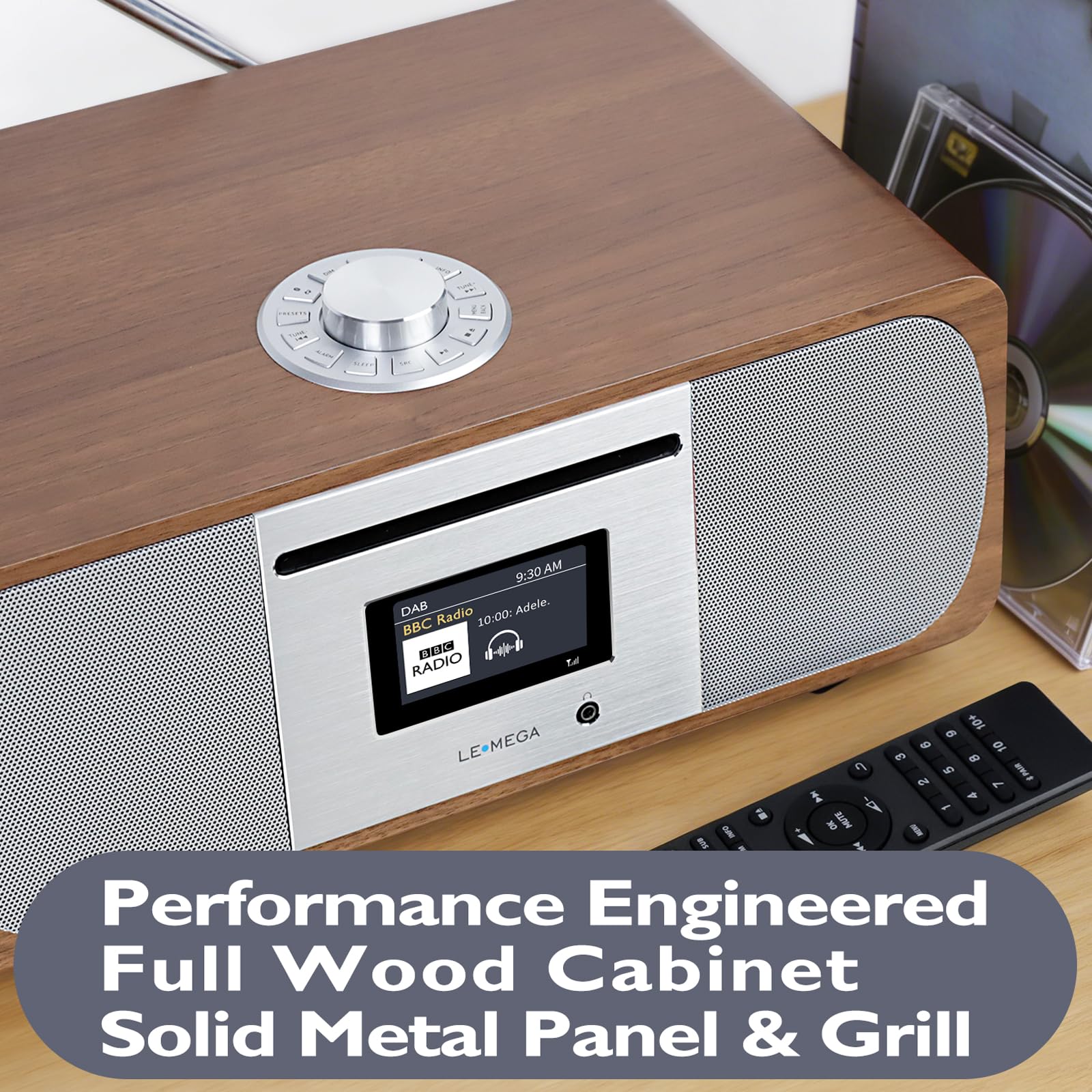 LEMEGA M6P CD-Player mit DAB/DAB+ & FM-Radio, Bluetooth-Streaming, 150W Stereo-HiFi-System mit internem Subwoofer, 2,8" Farbdisplay, 40 Speicherplätze, Fernbedienung, Akustisches Holzgehäuse,Walnuss