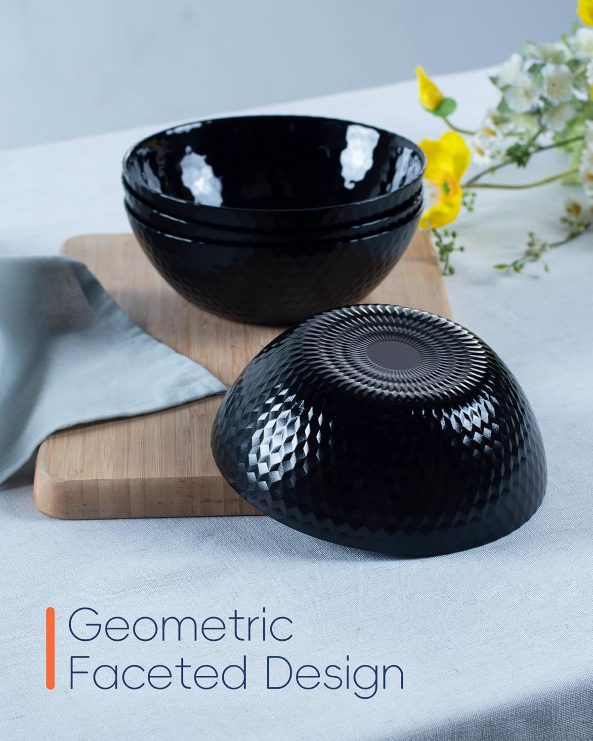 27 OZ Max Cereal Soup Bowl Set of 6, Opal Glass 7.2 inch Black Geometric Faceted Bowls for Ramen, Noodle, Salad, Fruit, Dishwasher and Microwave Safe - Image 5