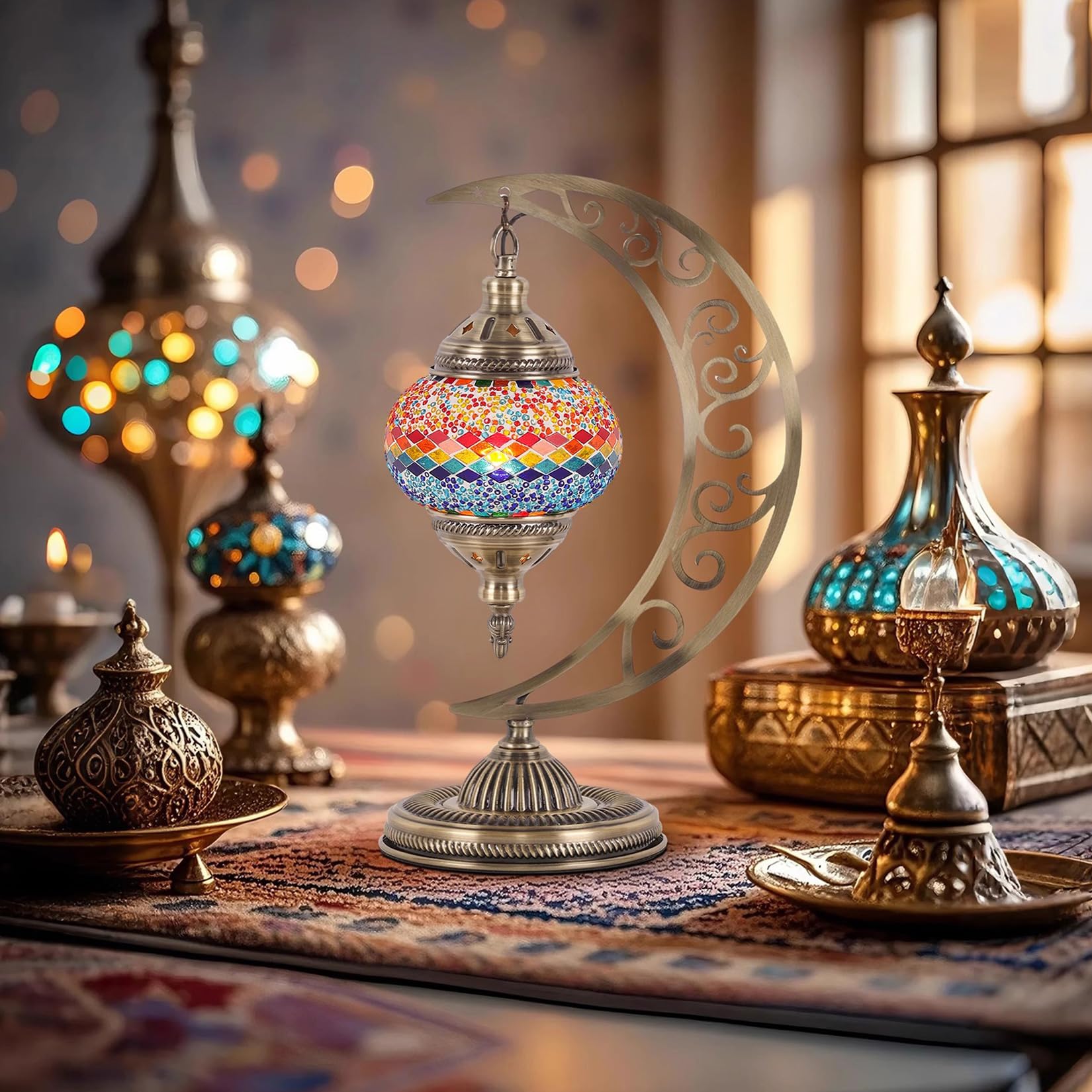 Turkish Moon Lamp, Mosaic Table Lighting, Multi-Colored Boho Accent, Stained Glass Globe Flower Design for Living Room, Bedroom Decor, Unique Home Lighting