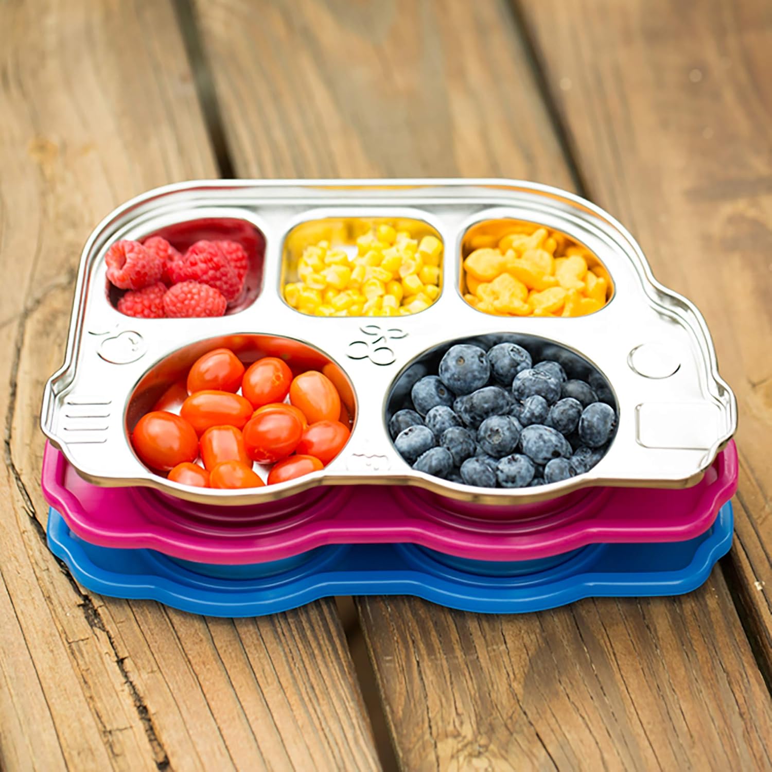 Innobaby Stainless Bus Plate with Sectional Lid, The Original, Leak-Resistant Divided Platter, Mom Invented Fun Shape Dish Din Din Smart for Babies, Toddlers and Kids, BPA Free Plate, Blue, 2 Pack