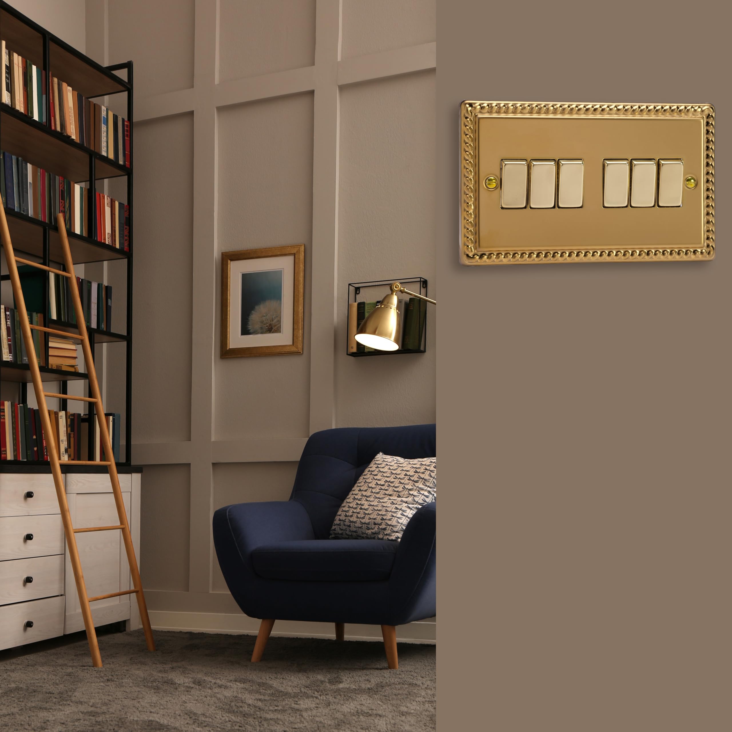 Varilight 6-Gang Rocker Light Switch 2-Way - Classic Georgian Brass With Polished Brass Rockers, XG96D, 95x155x25mm - Image 2