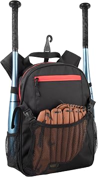 Summit Ridge Youth Baseball 16" Sports Backpack for Kids, Softball, T-Ball & Travel Ball Equipment Gear Organizer Black & Red
